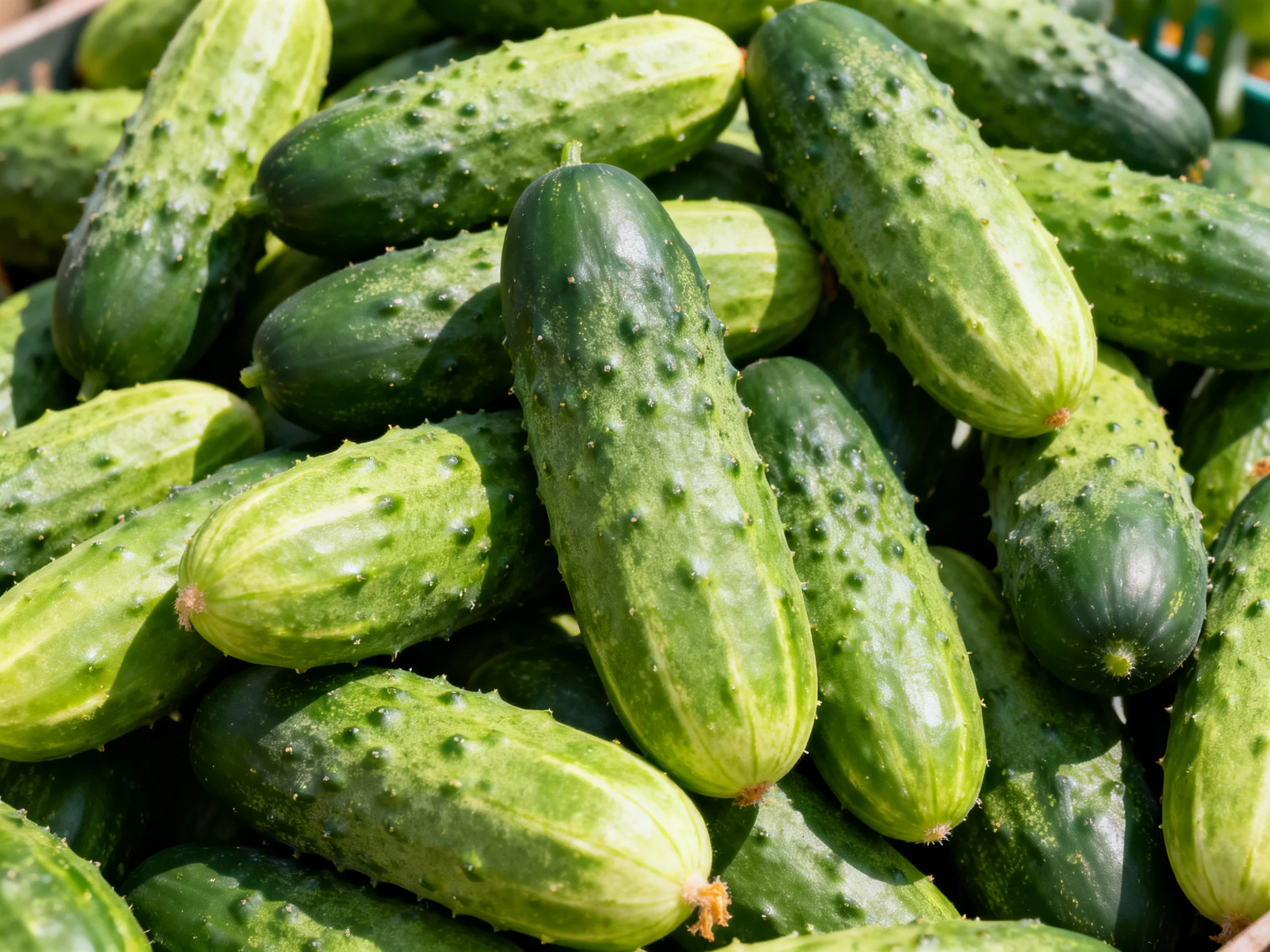 Freshly harvested cucumbers stacked densely in a vibrant arrangement