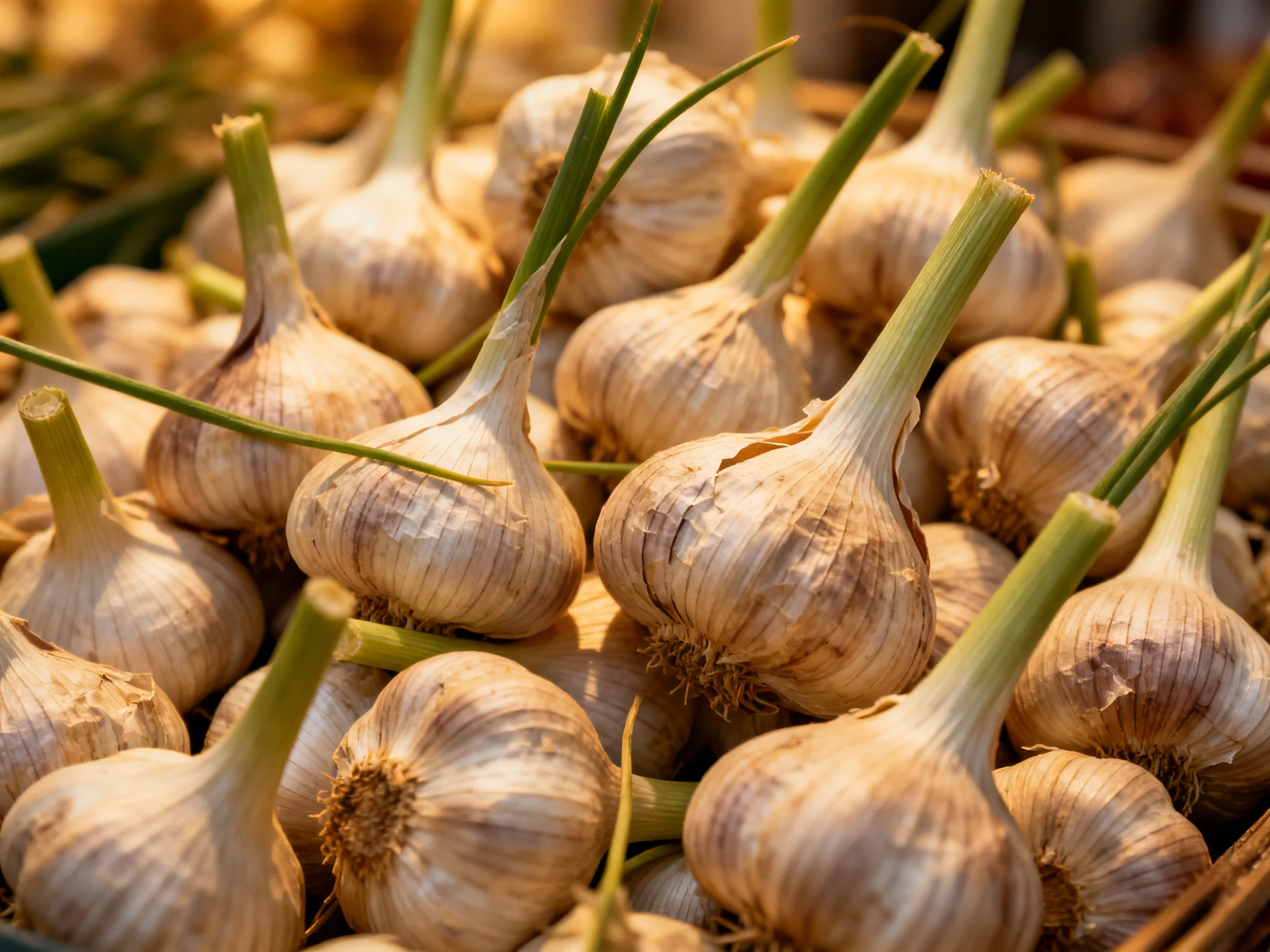 Freshly harvested garlic bulbs with green stems displayed in warm sunlight