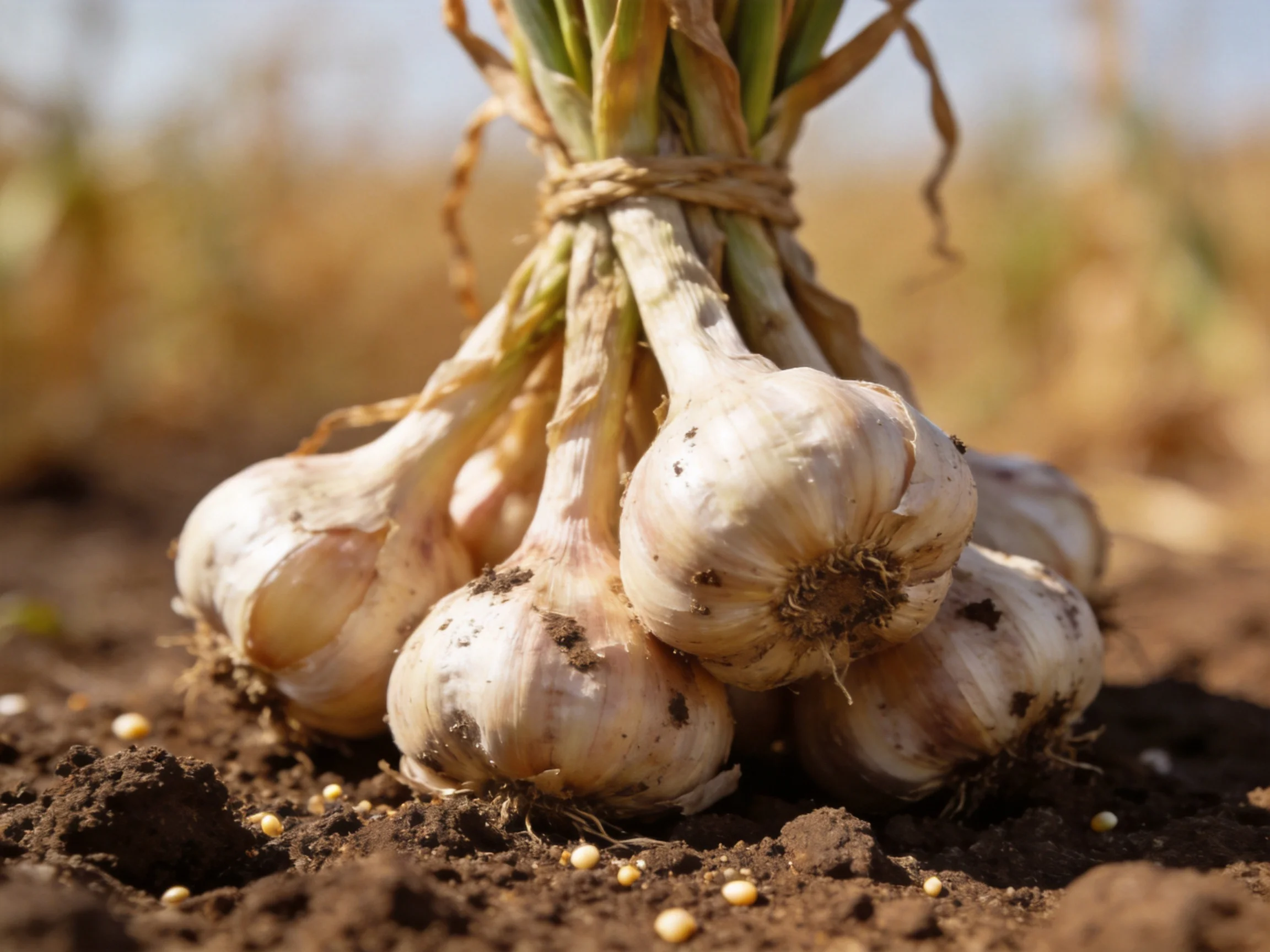 Freshly harvested garlic bundles resting on fertile brown soil