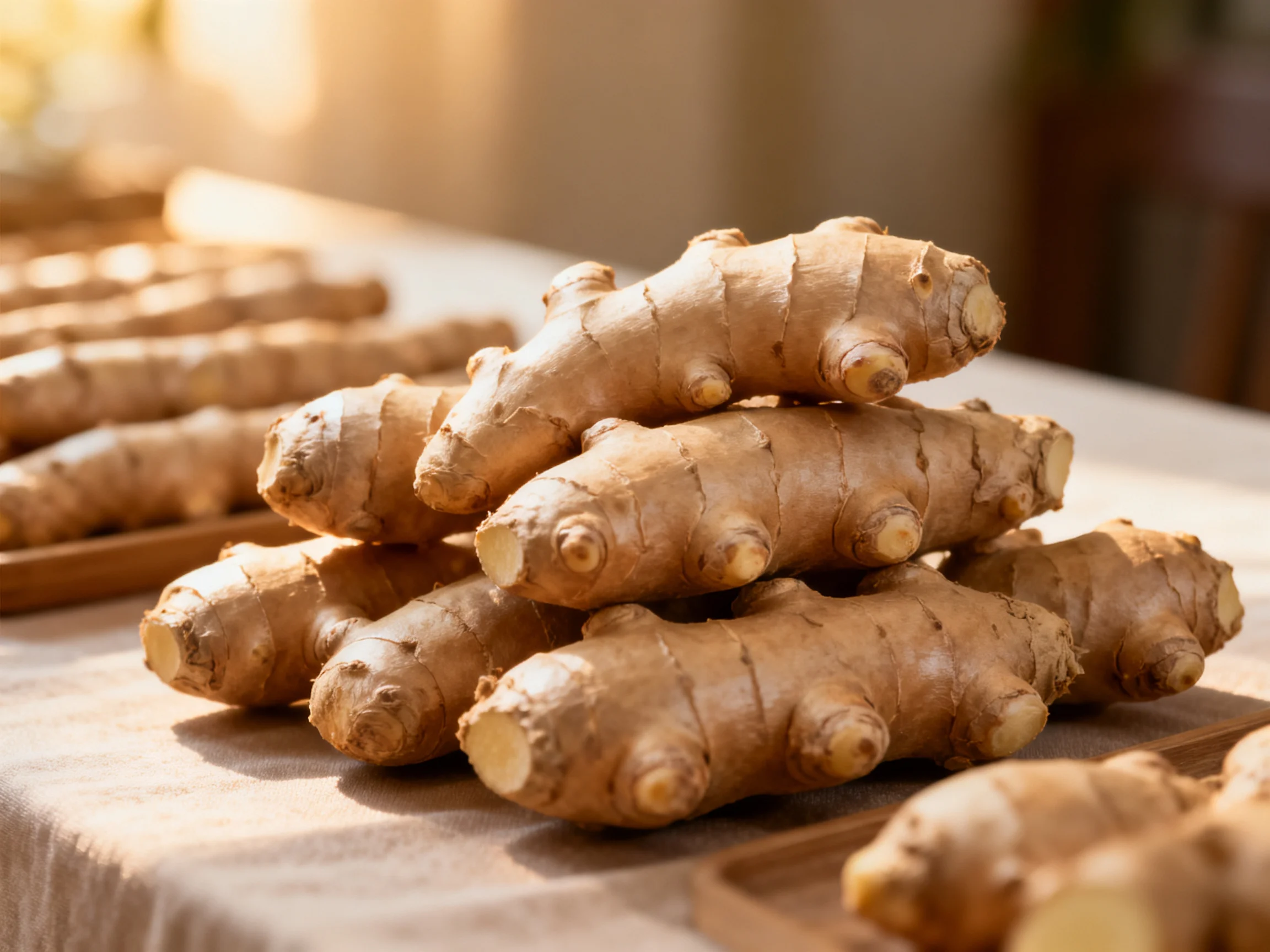 Freshly harvested ginger roots stacked in a pyramid on a light table