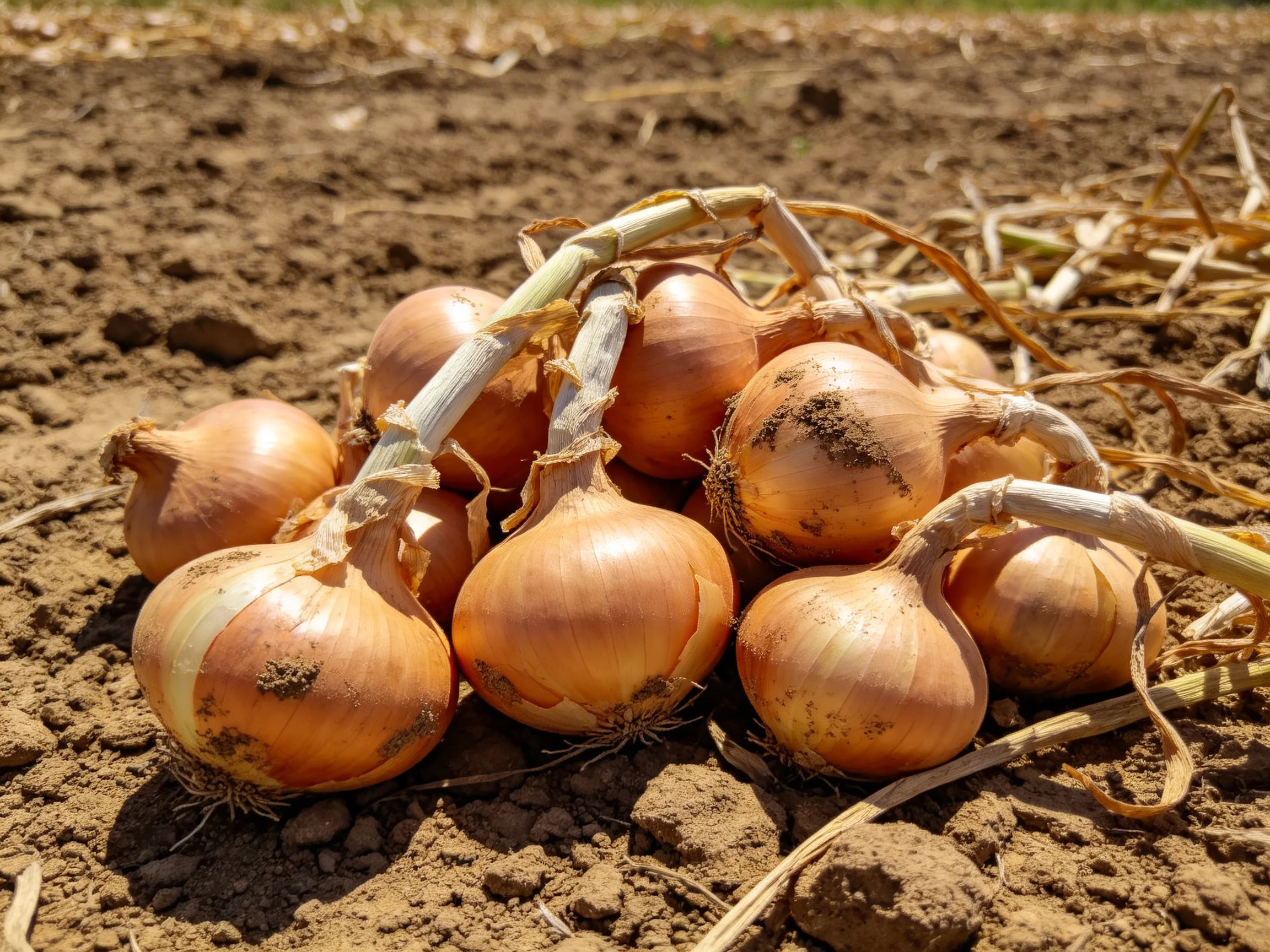 Freshly harvested golden-brown onions clustered on tilled soil