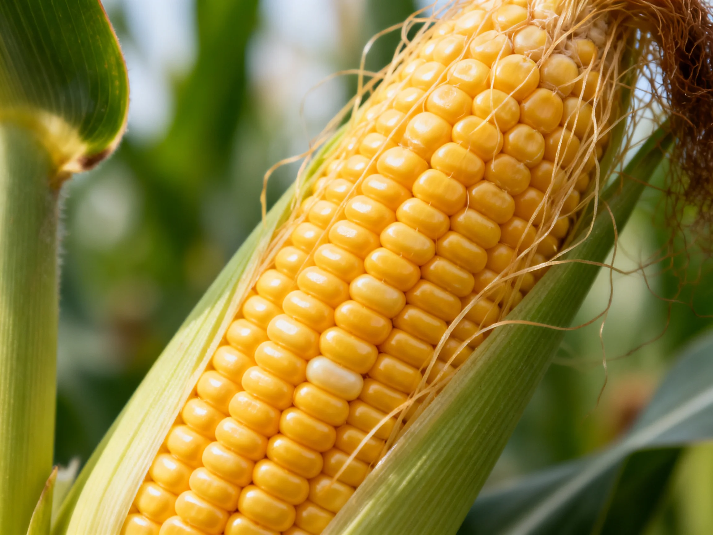 Freshly harvested golden corn cob with green husk and brown silk