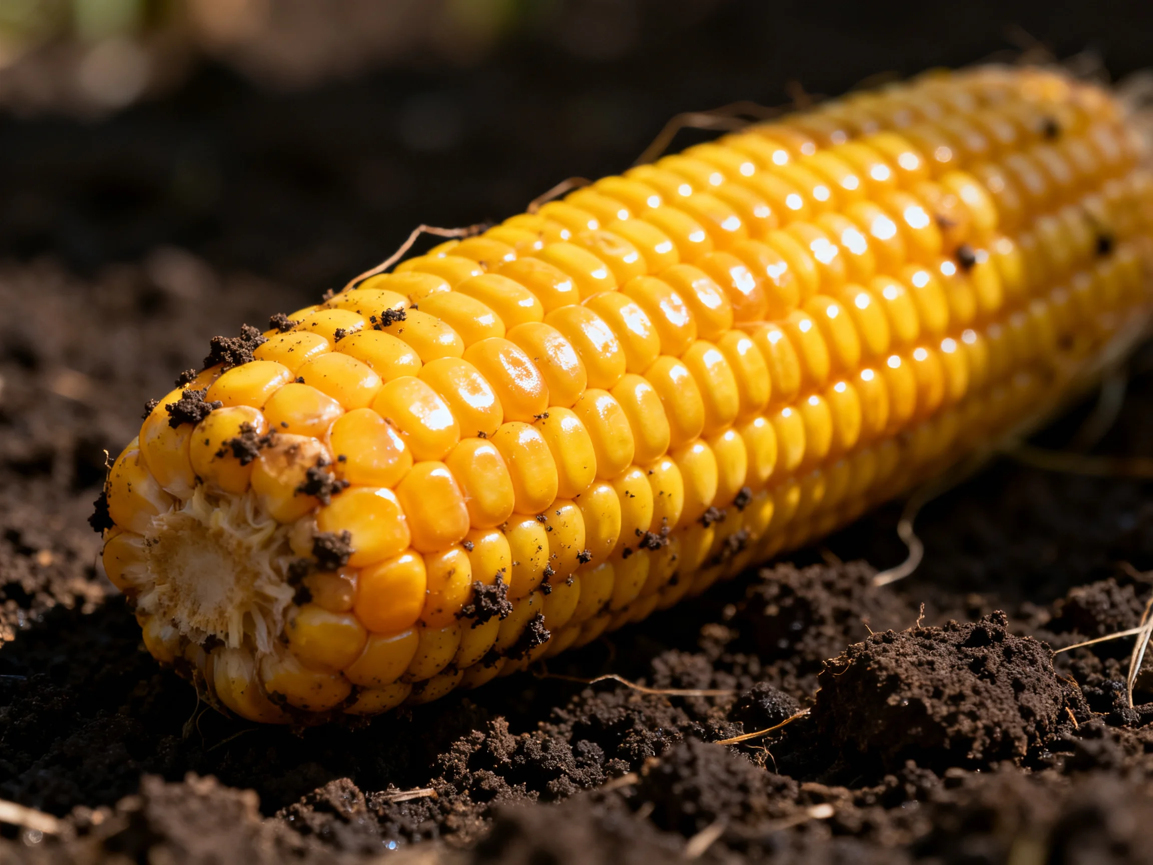 Freshly harvested golden corn cob with soil residue on dark earth