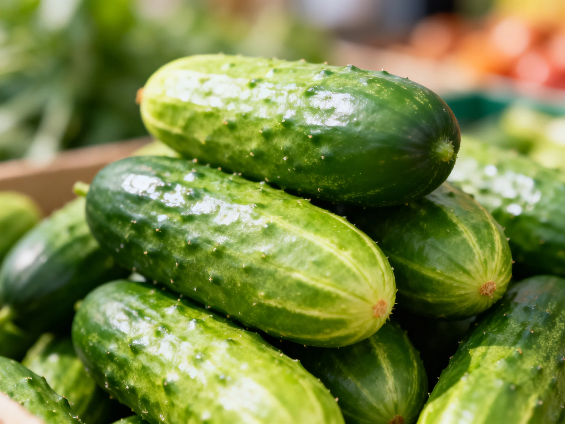 Freshly harvested green cucumbers piled together in a market setting