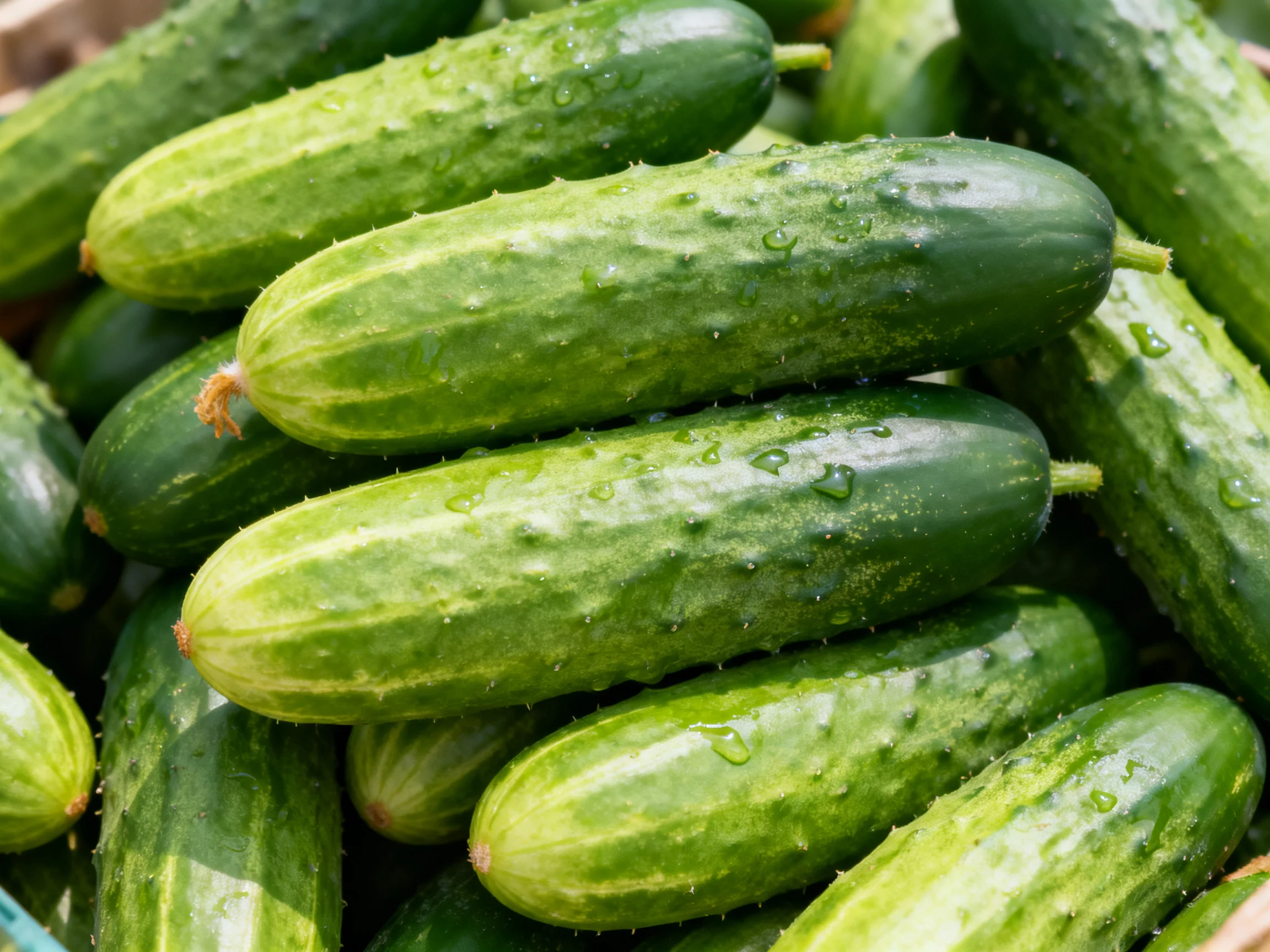 Freshly harvested green cucumbers stacked densely with water droplets