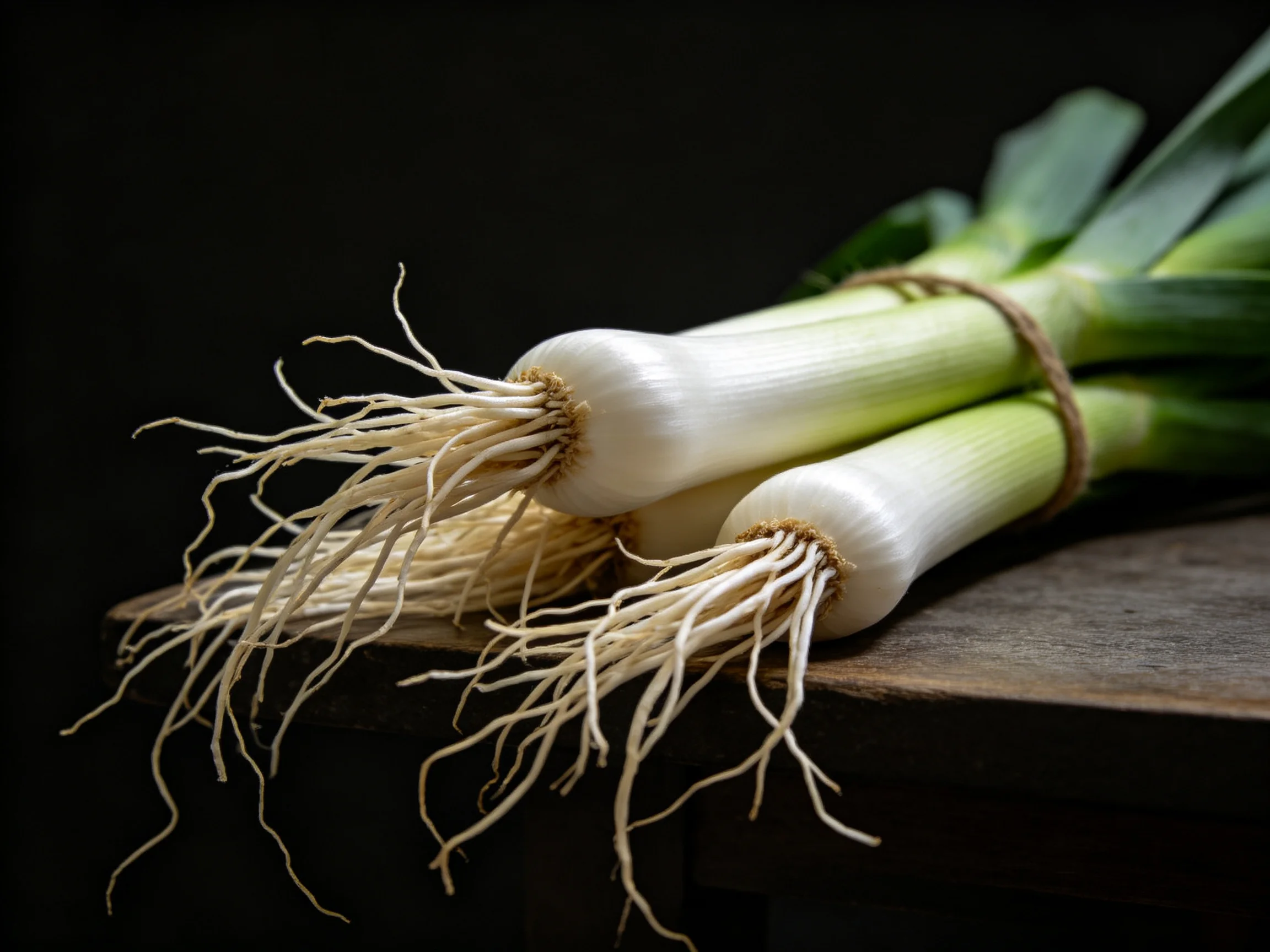 Freshly harvested leeks with long white roots and green tops