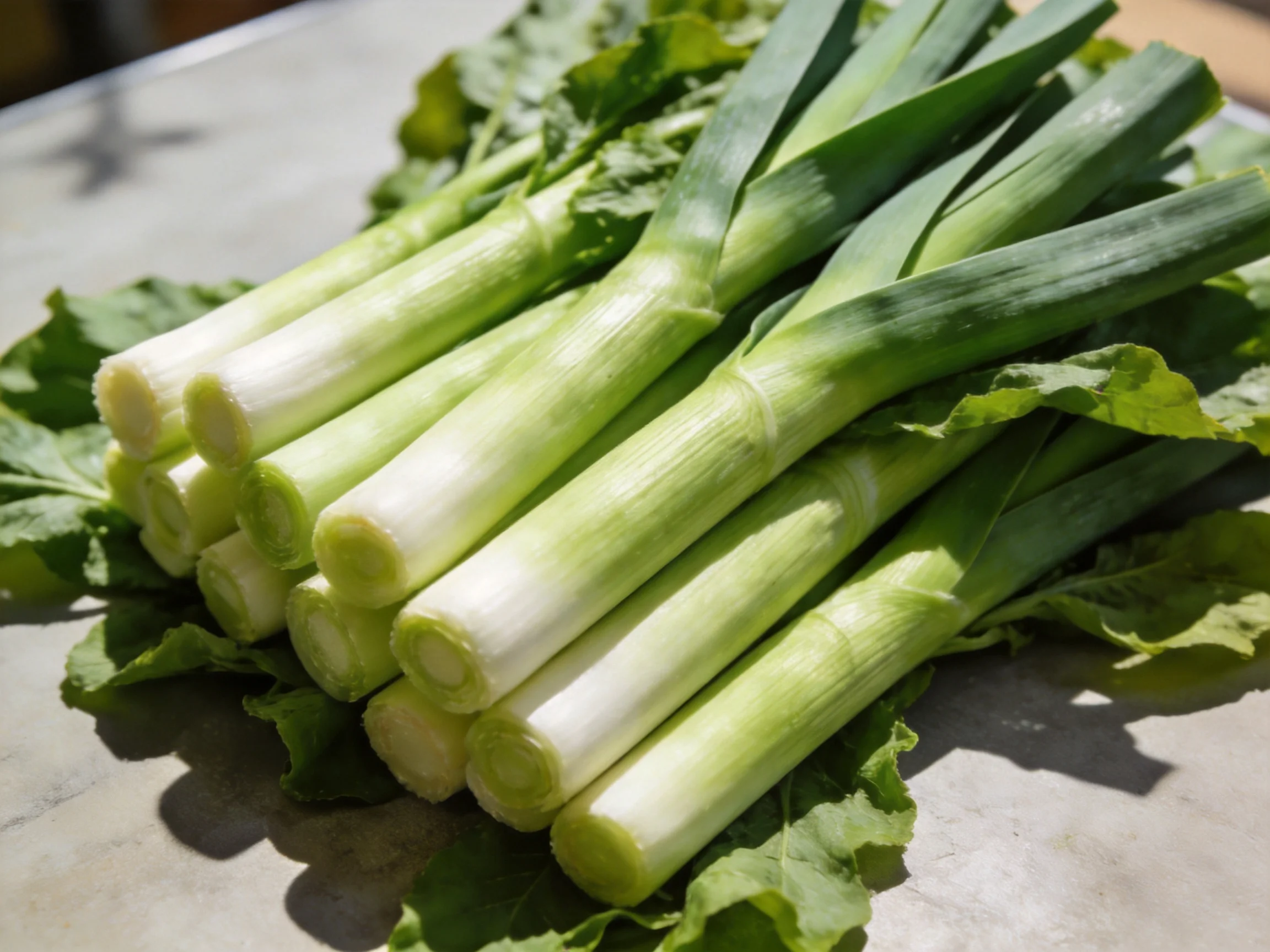 Freshly harvested leeks with vibrant green tops and crisp white stems