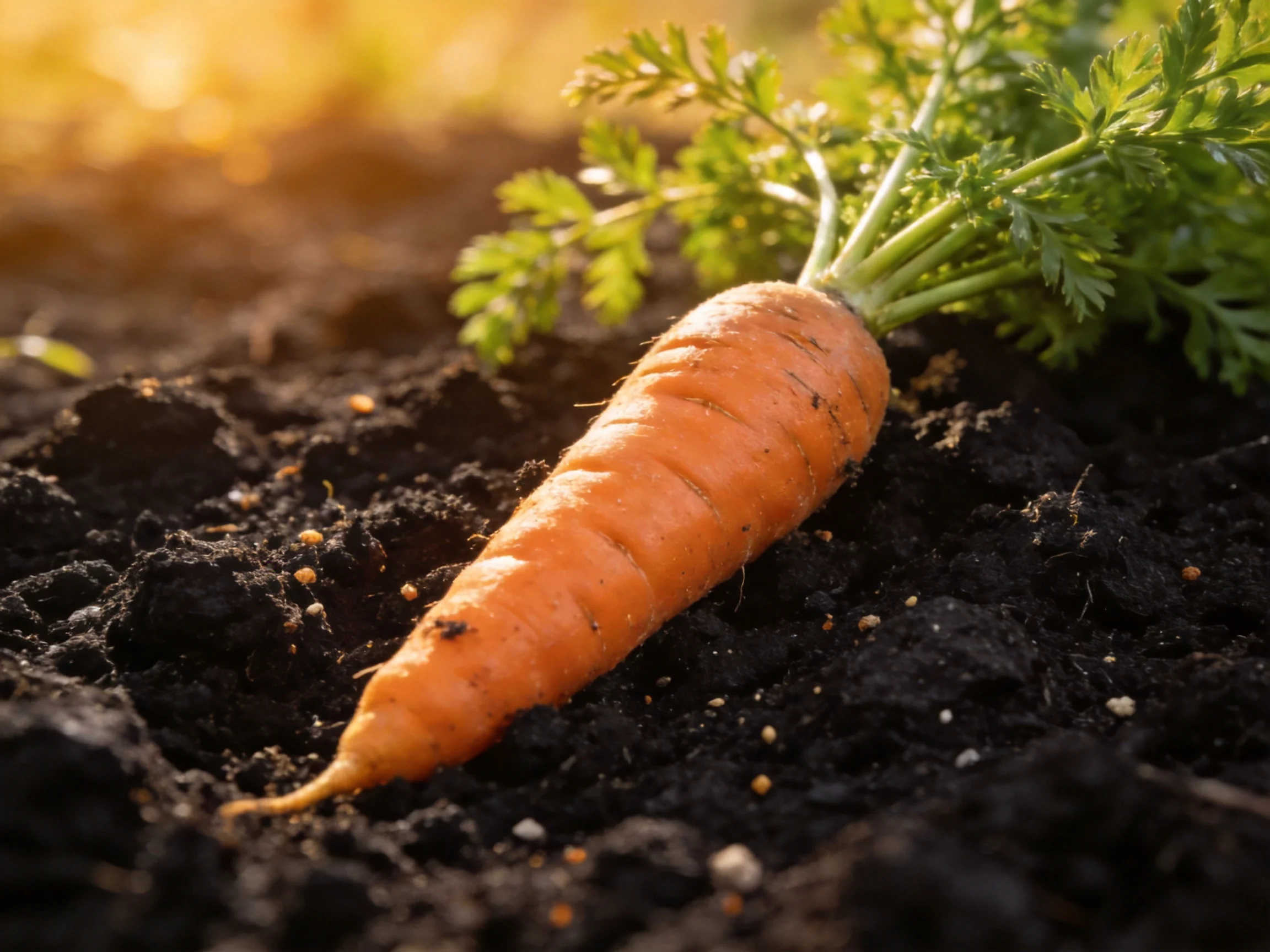 Freshly harvested orange carrot with green foliage in dark soil under golden sunlight