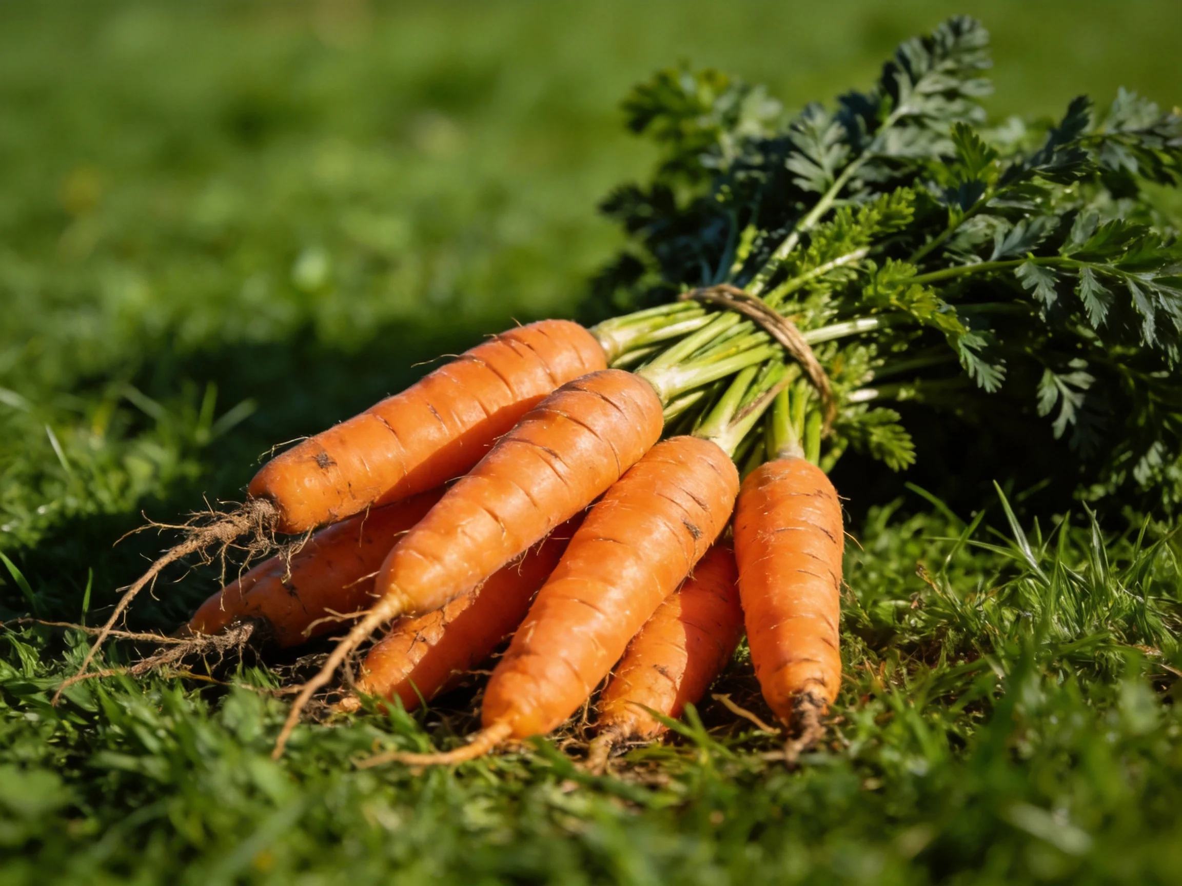 Freshly harvested orange carrots bundled with green tops on lush grass