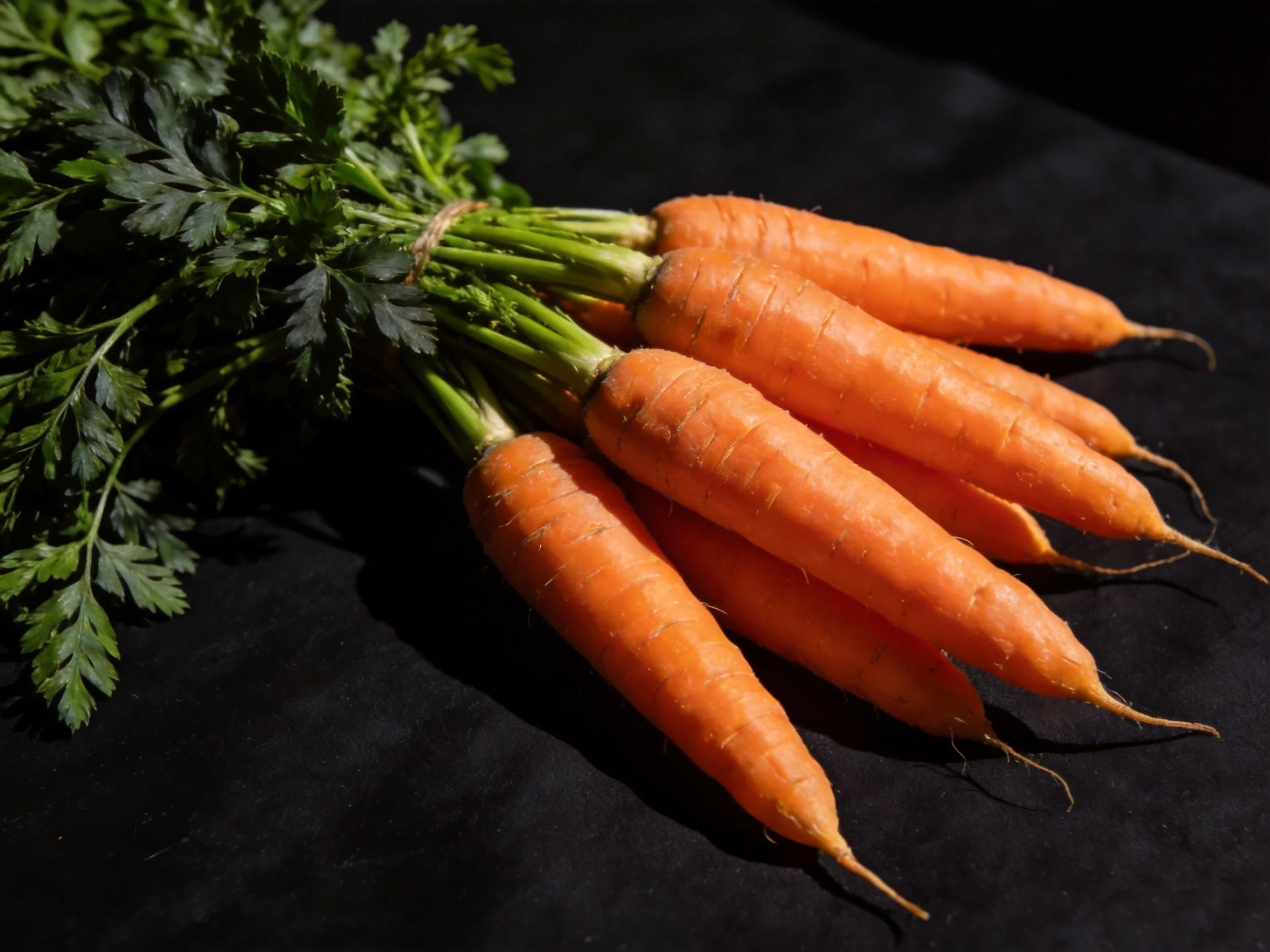 Freshly harvested orange carrots bundled with vibrant green foliage