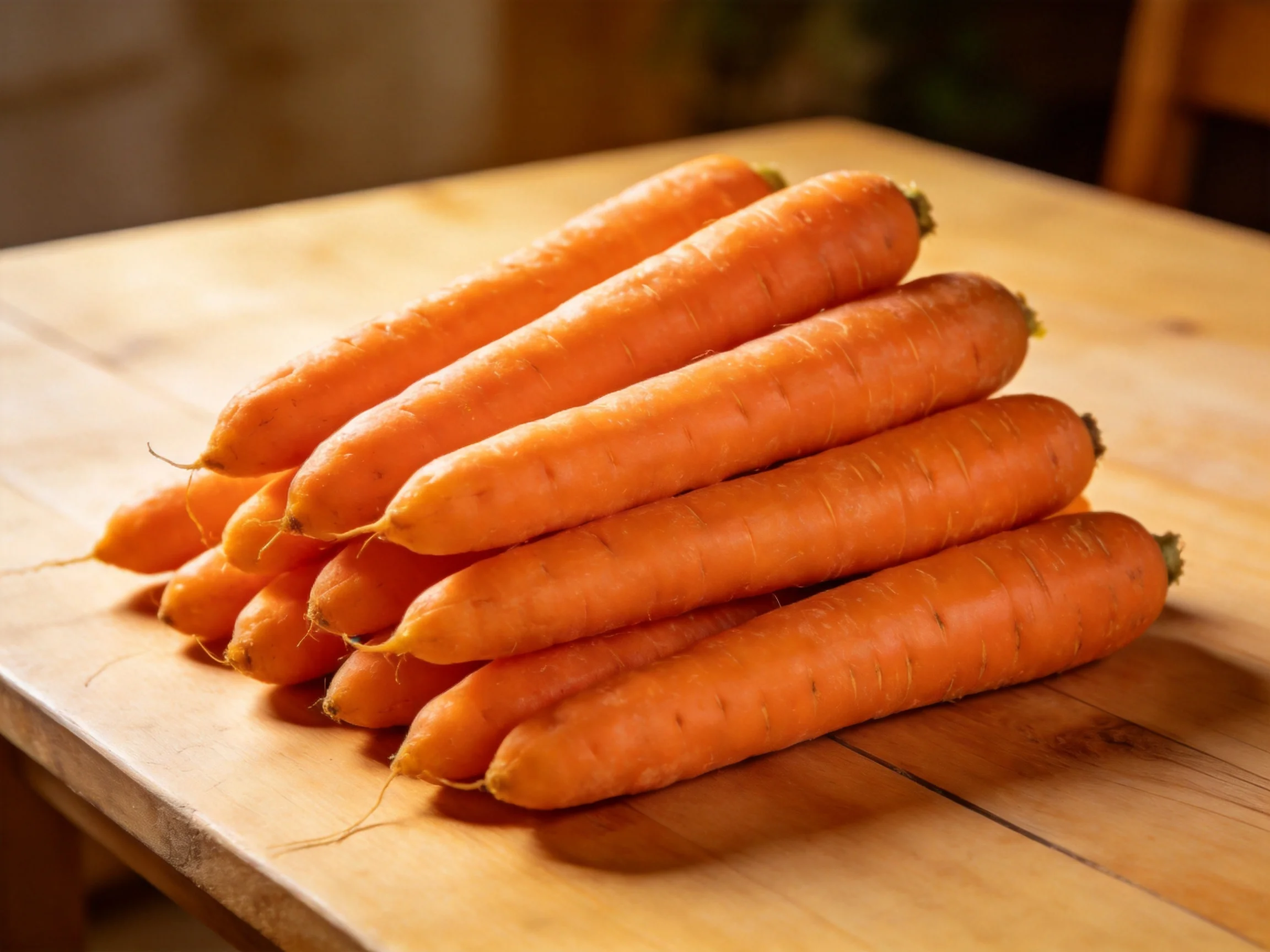 Freshly harvested orange carrots stacked on a wooden table