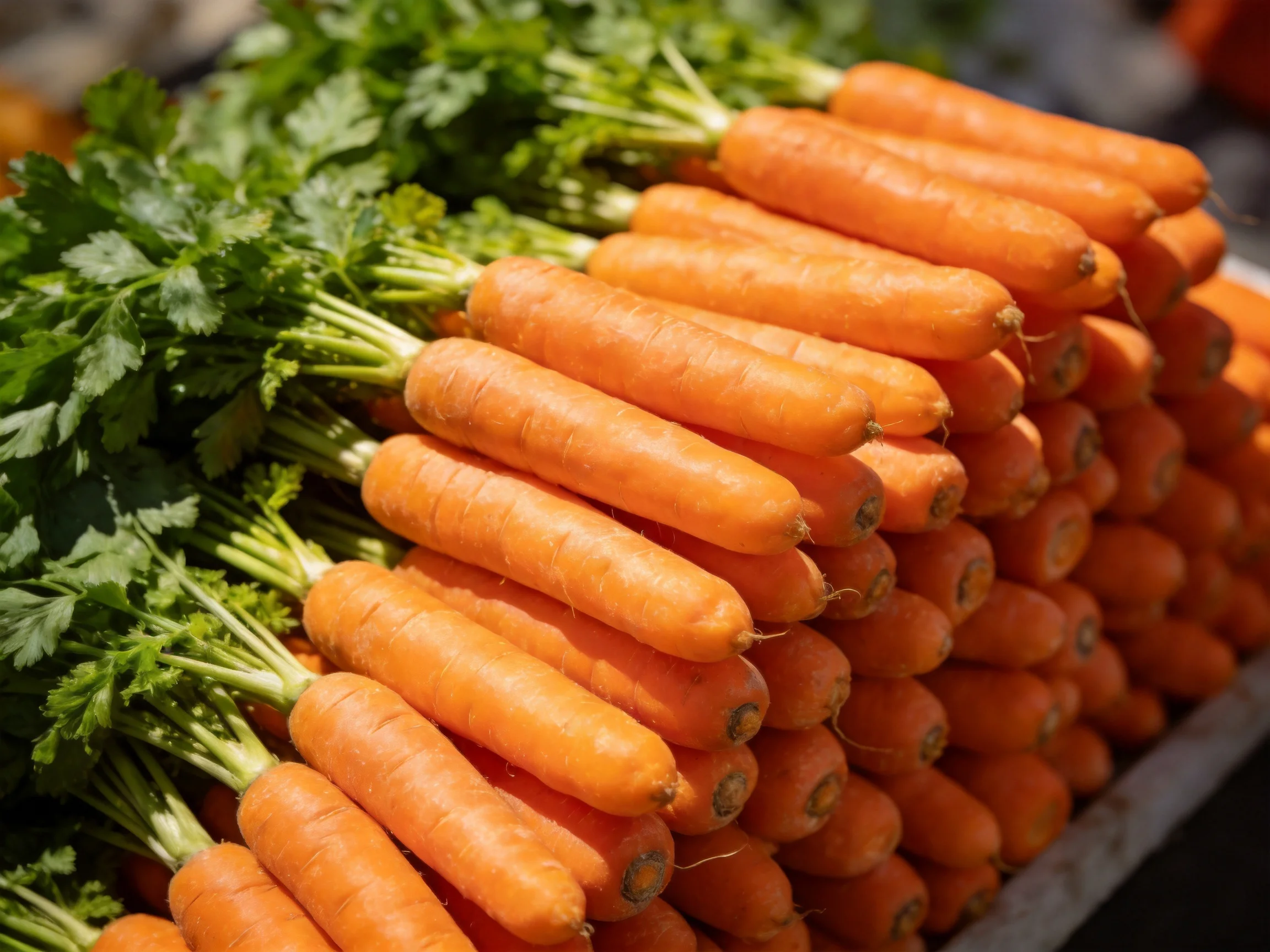 Freshly harvested orange carrots stacked with vibrant green foliage