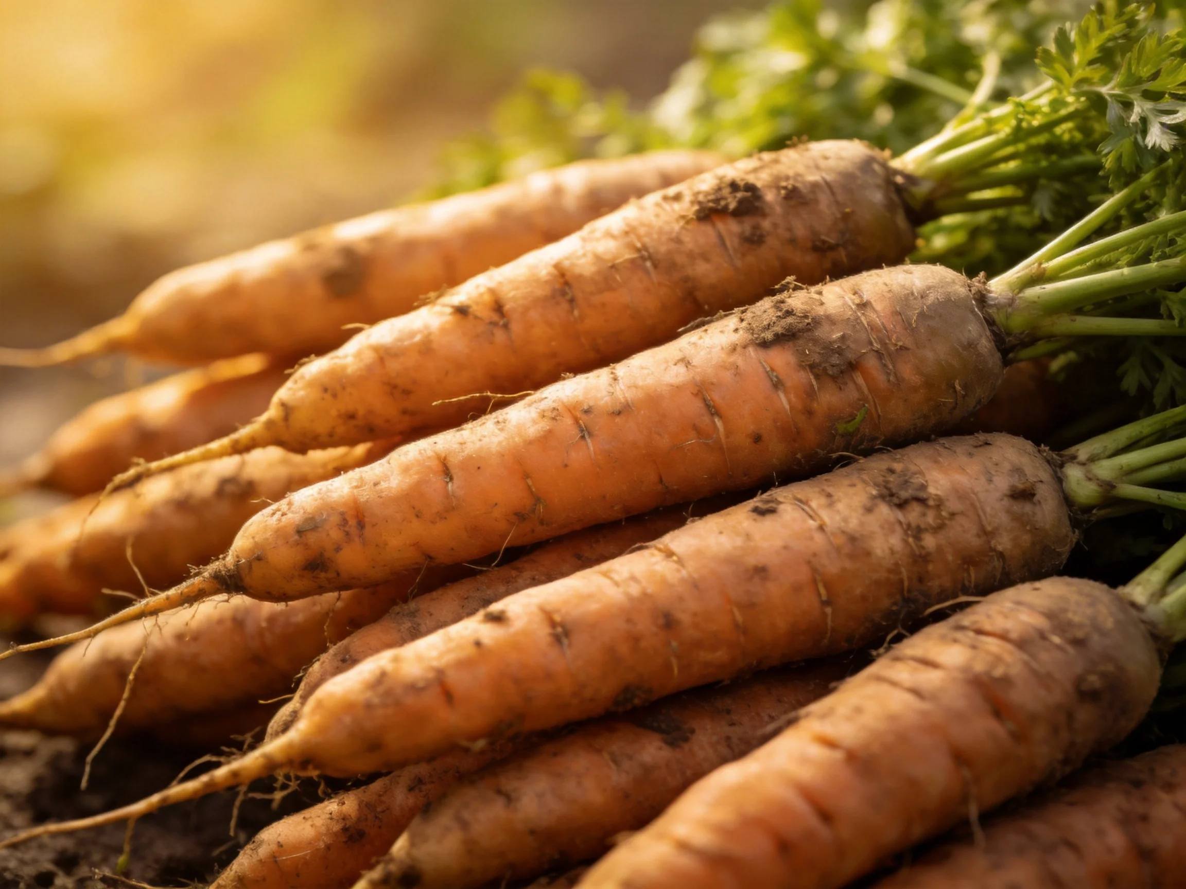 Freshly harvested orange carrots with green leafy tops and soil residue