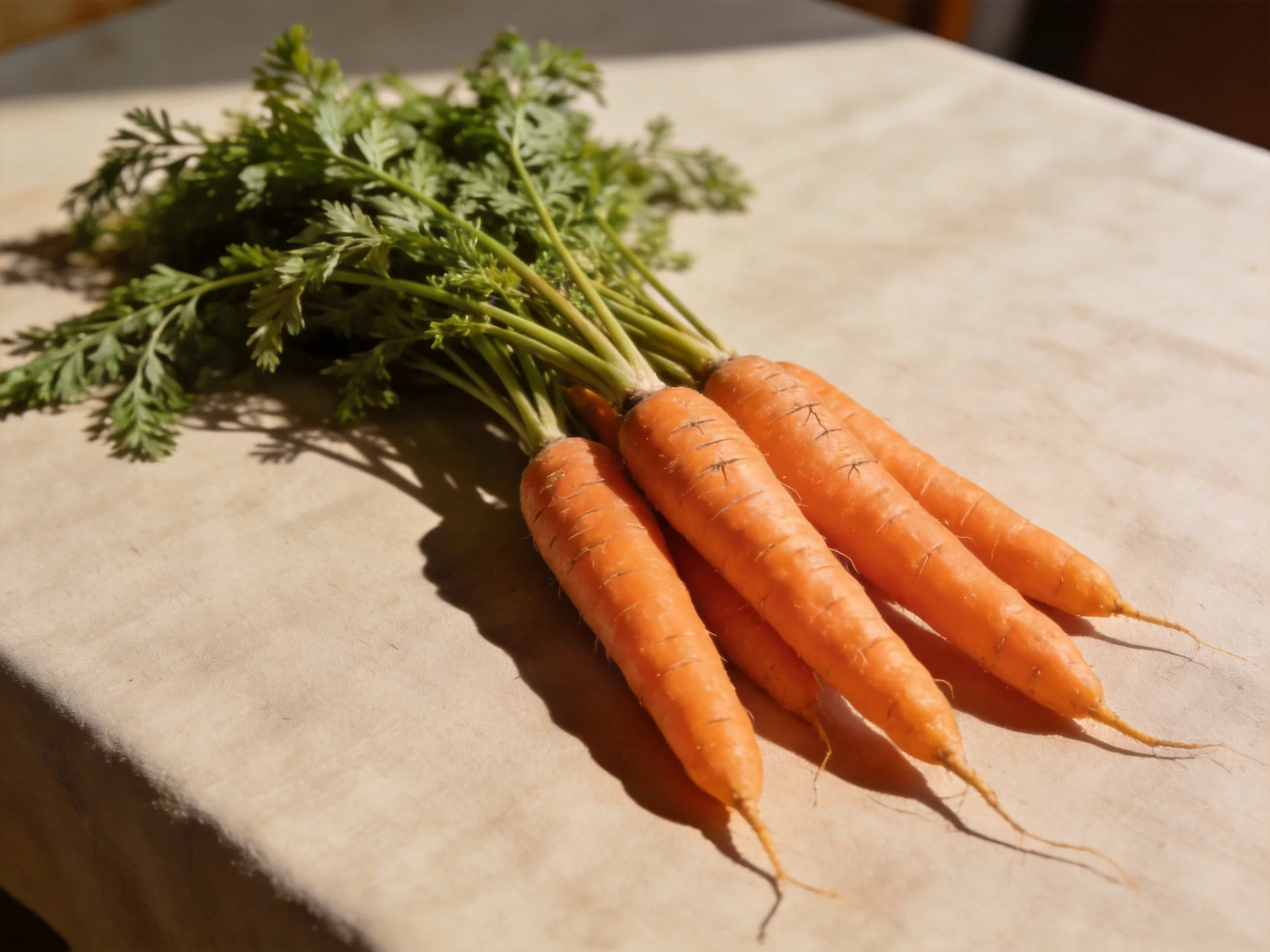 Freshly harvested orange carrots with green leafy tops on a beige cloth