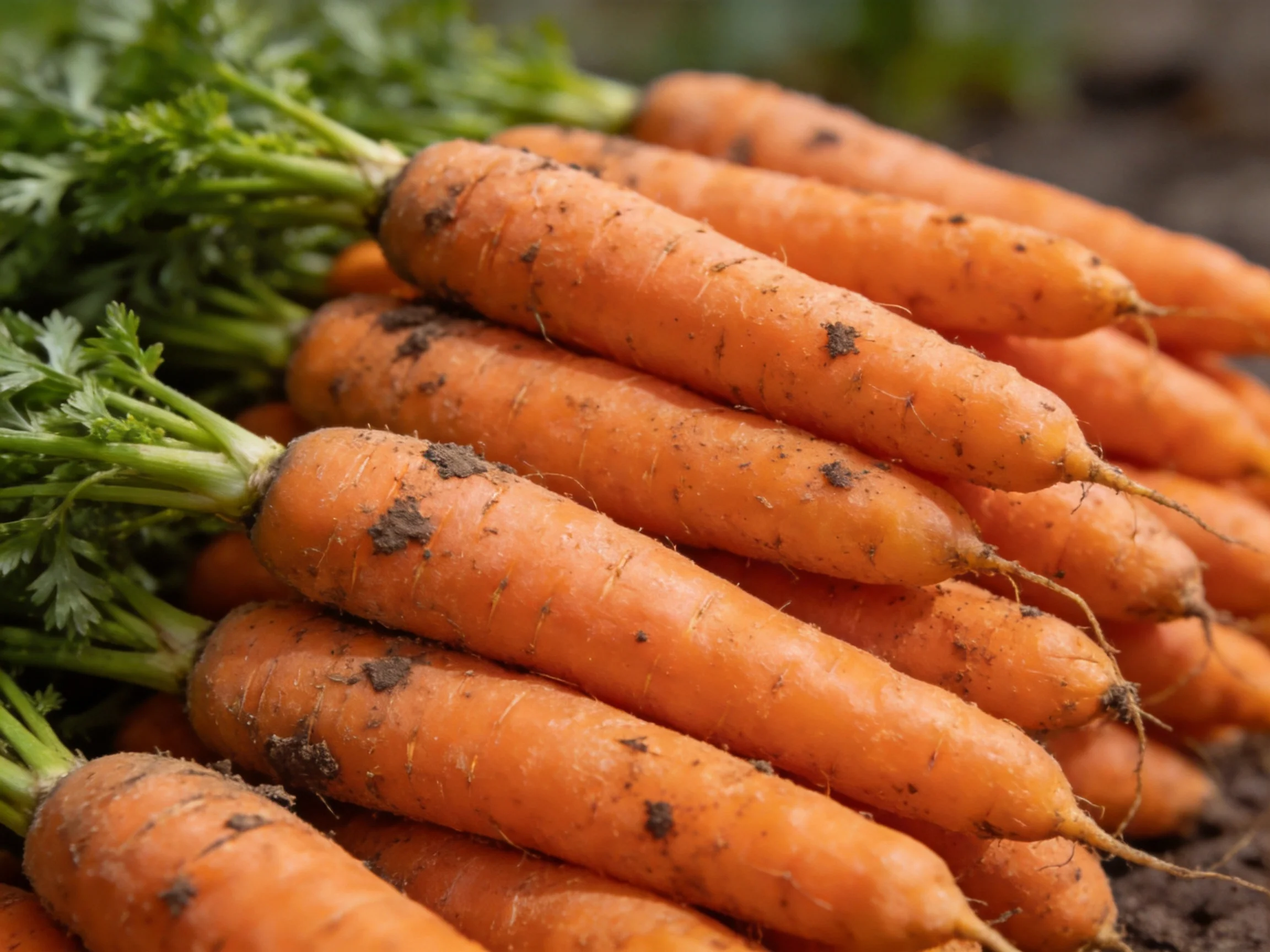 Freshly harvested orange carrots with green leafy tops stacked in a pile