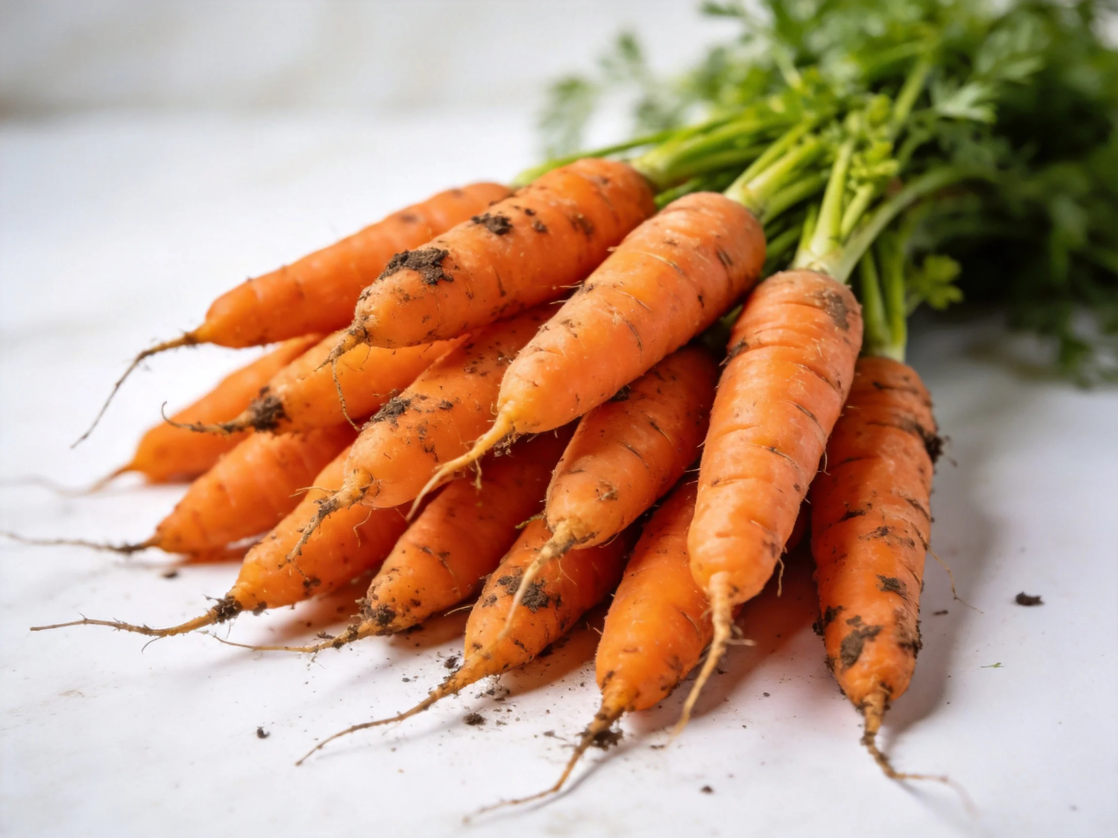 Freshly harvested orange carrots with green tops and soil