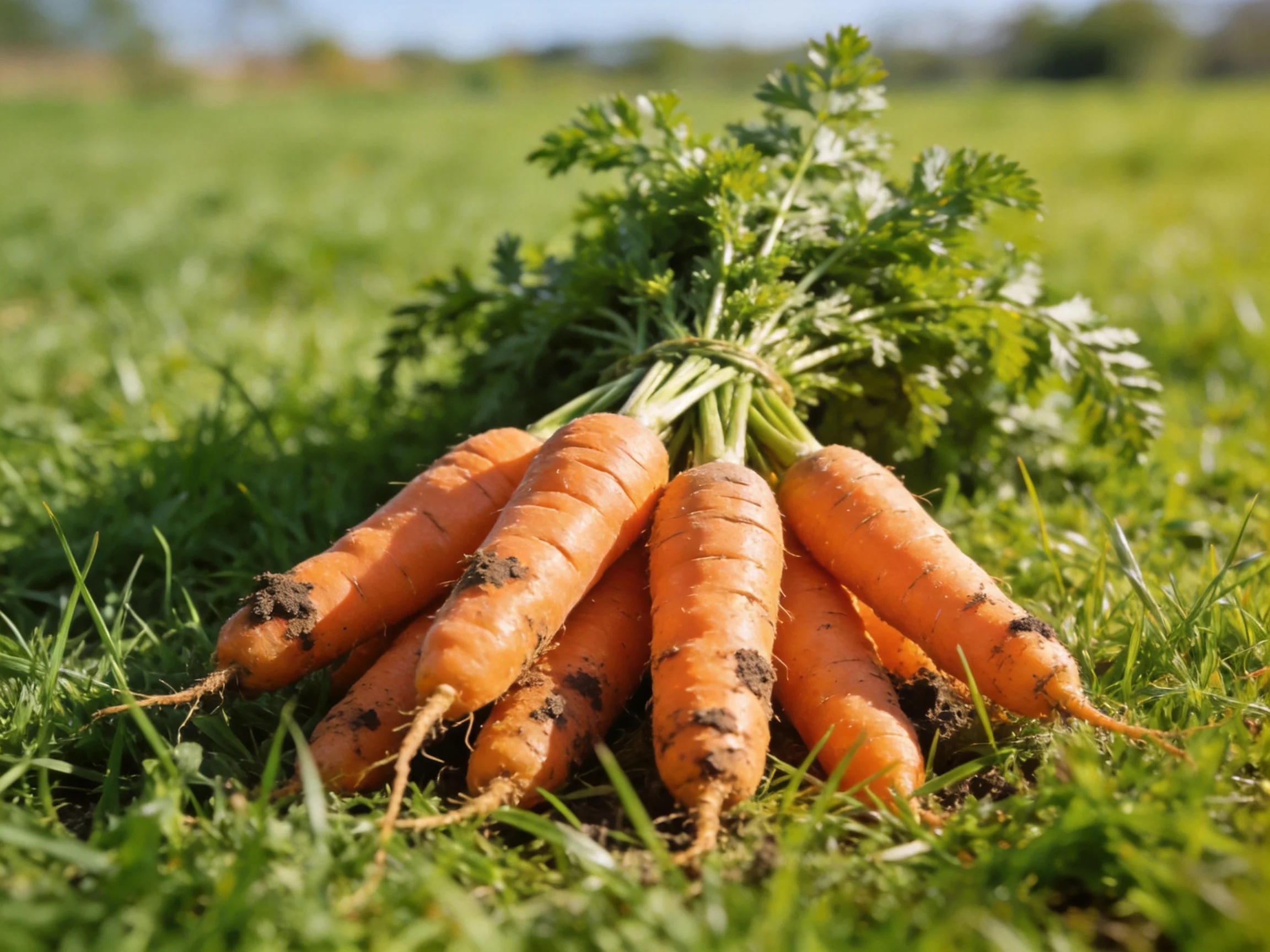 Freshly harvested orange carrots with green tops lying on lush green grass