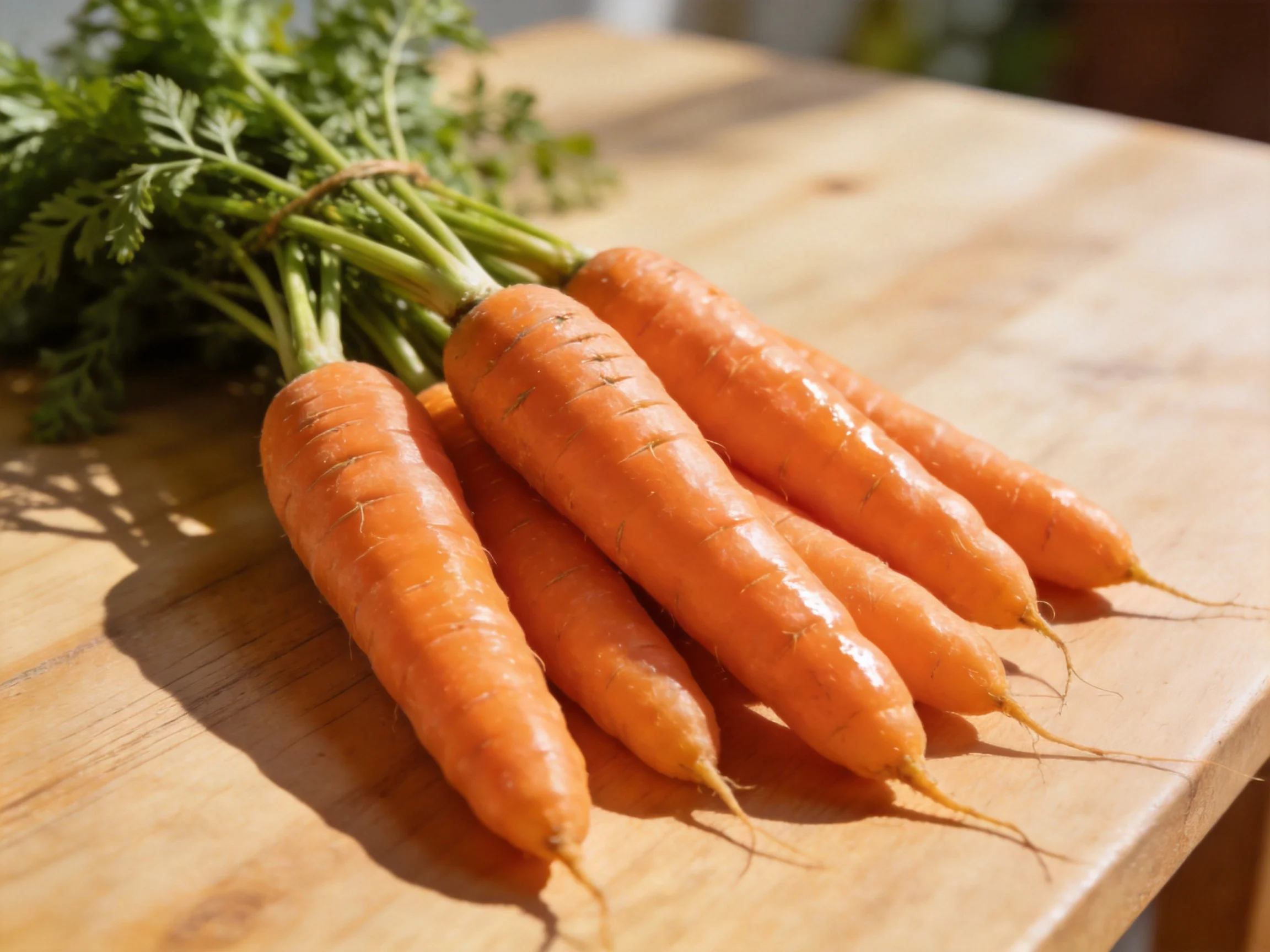 Freshly harvested orange carrots with green tops on a wooden cutting board