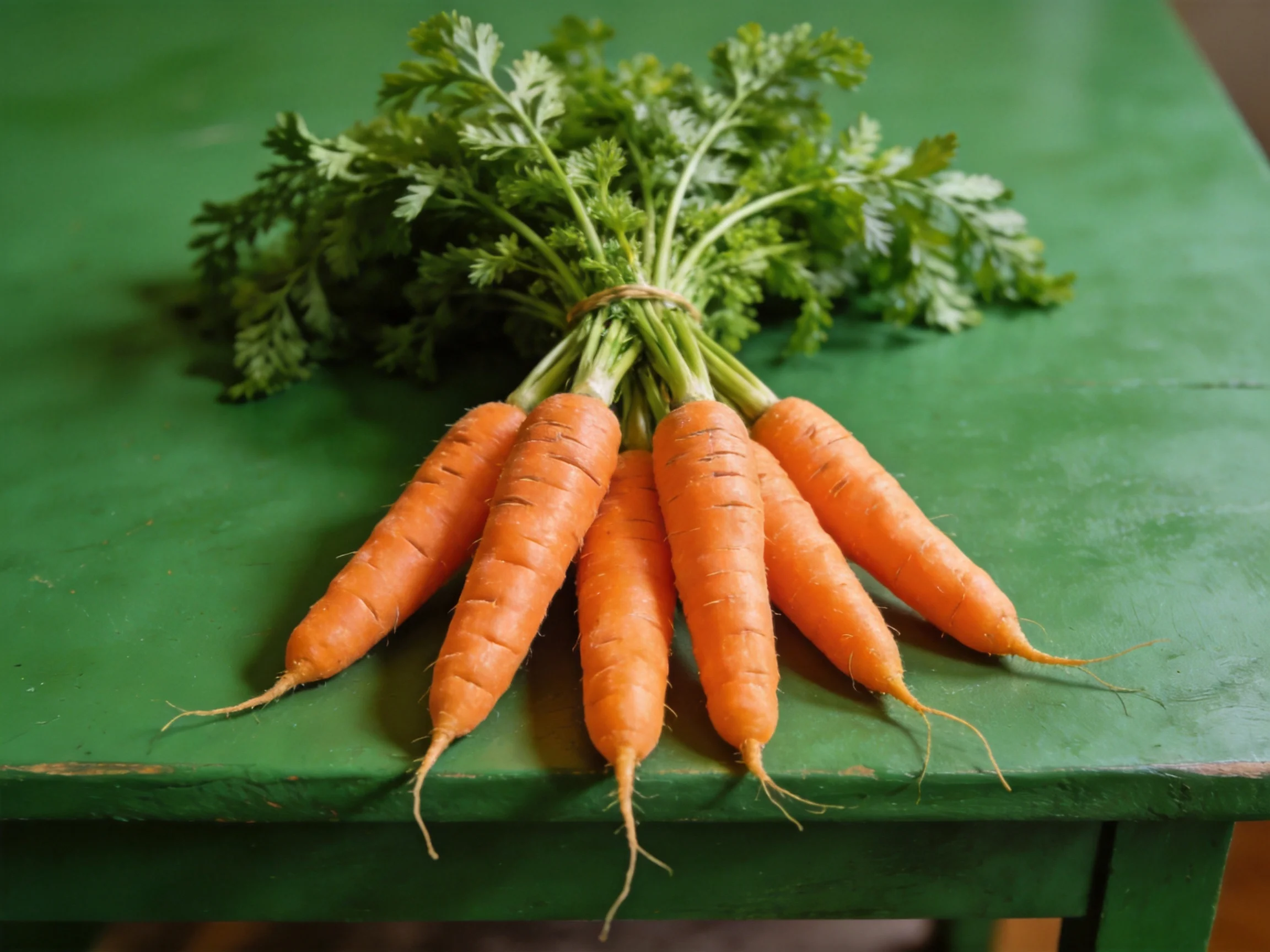 Freshly harvested orange carrots with leafy greens on a green wooden table