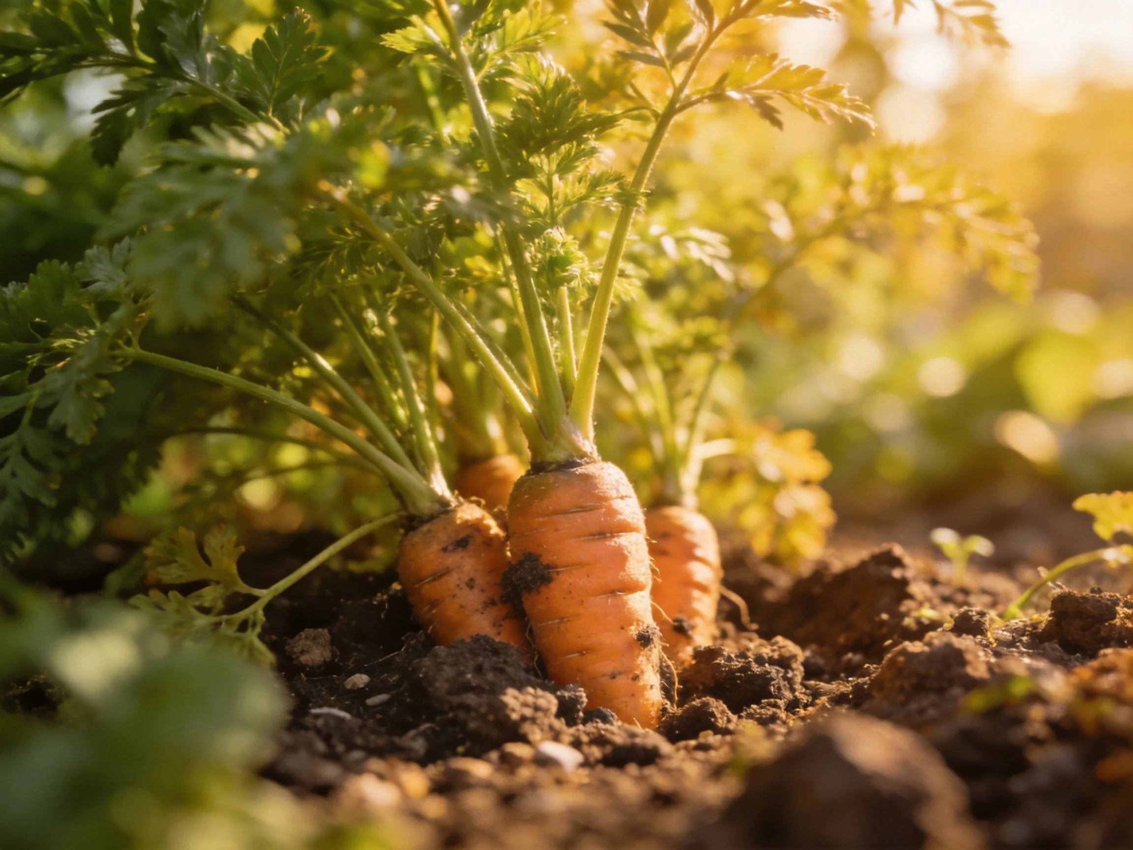 Freshly harvested orange carrots with vibrant green foliage emerging from dark earth