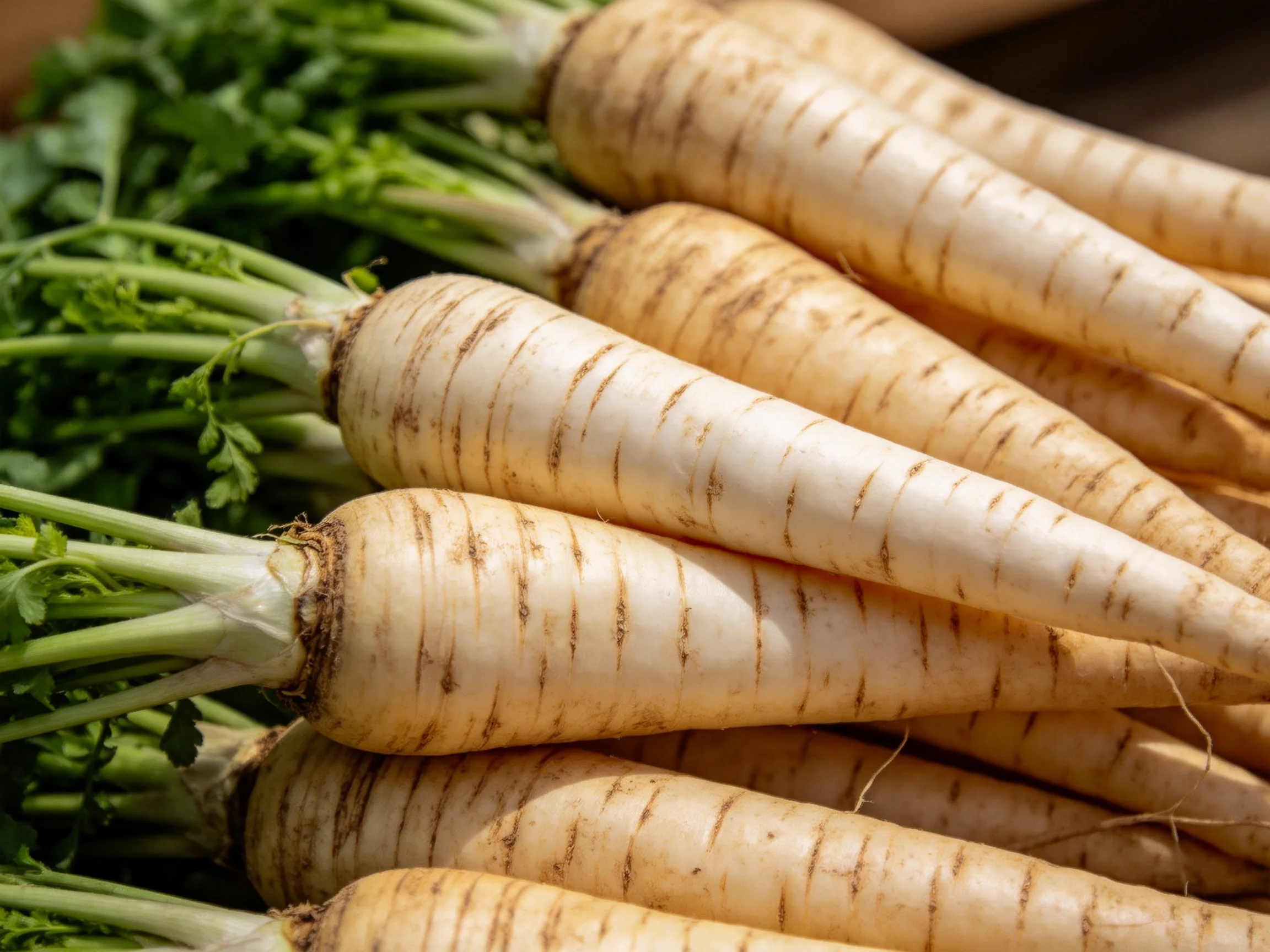 Fresh parsnips with green tops are arranged in a neat stack, highlighting their natural appearance.
