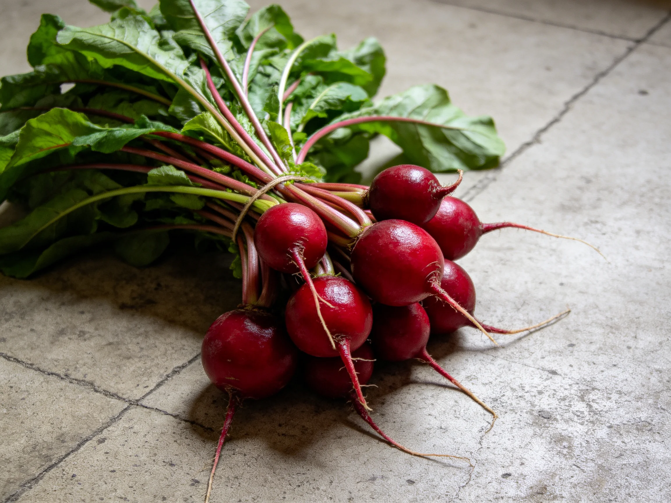 Bundled red radishes with green leaves rest on a tiled surface.