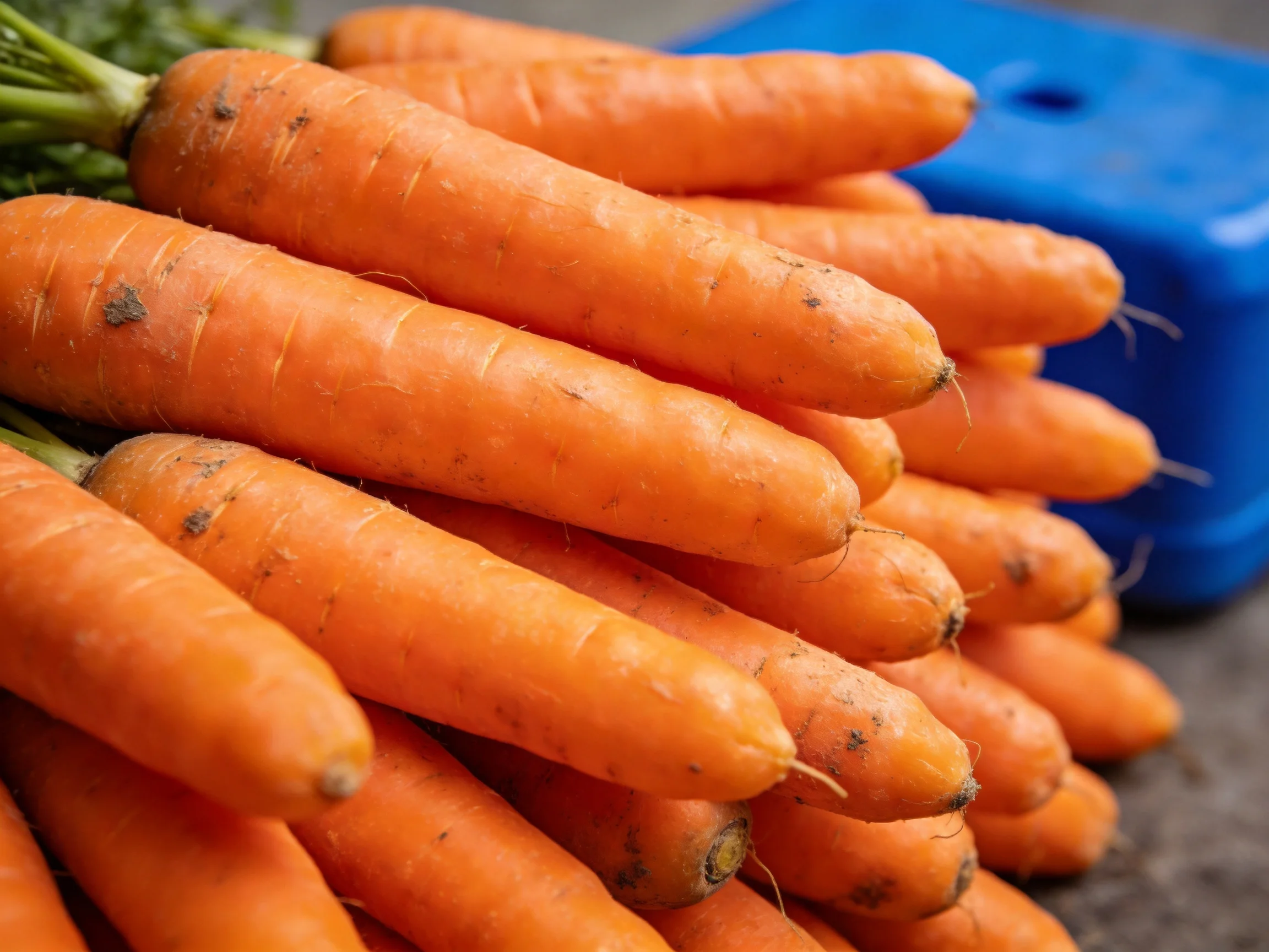 Freshly harvested vibrant orange carrots stacked beside a blue container