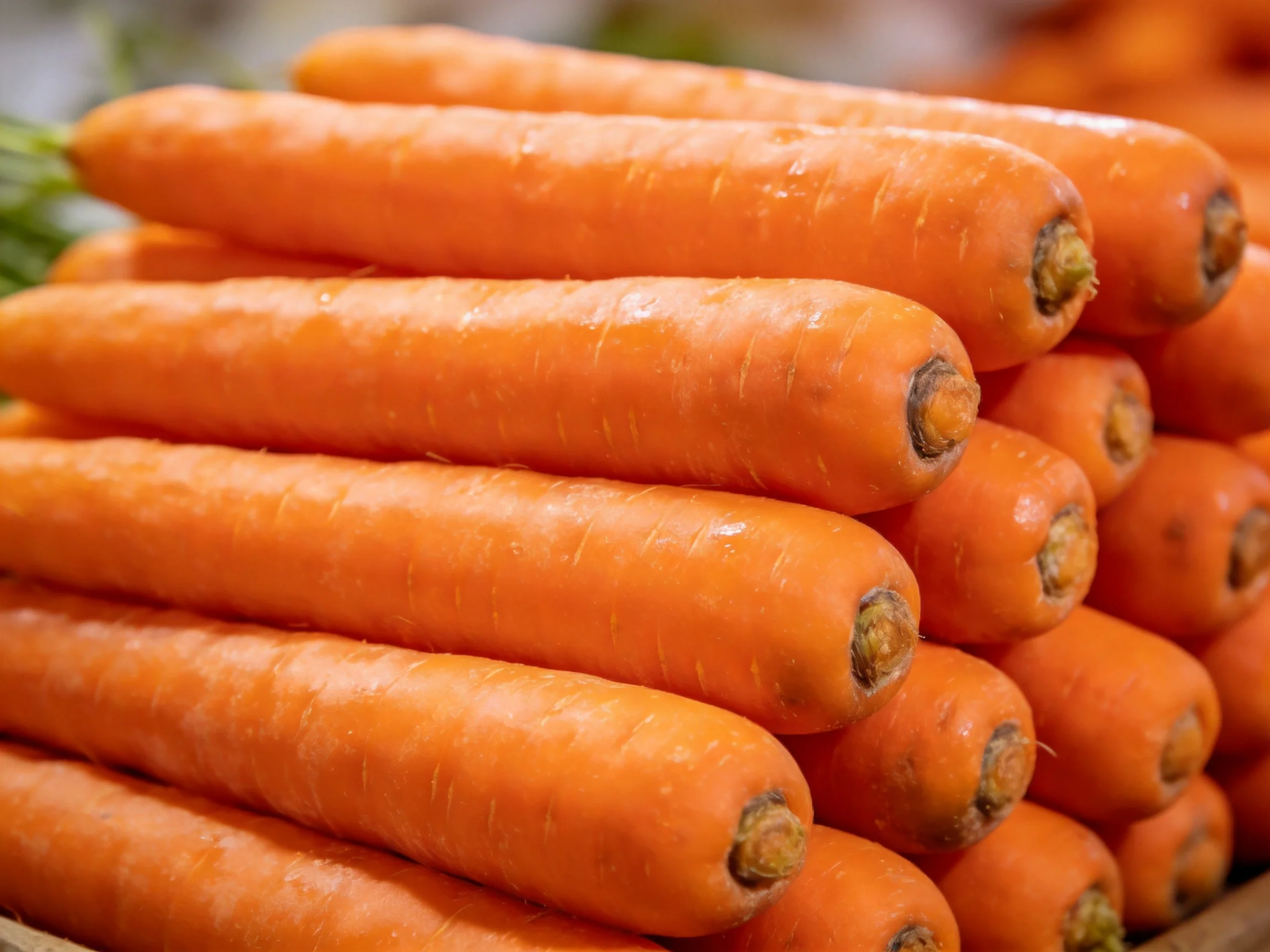 Freshly harvested vibrant orange carrots stacked in orderly piles