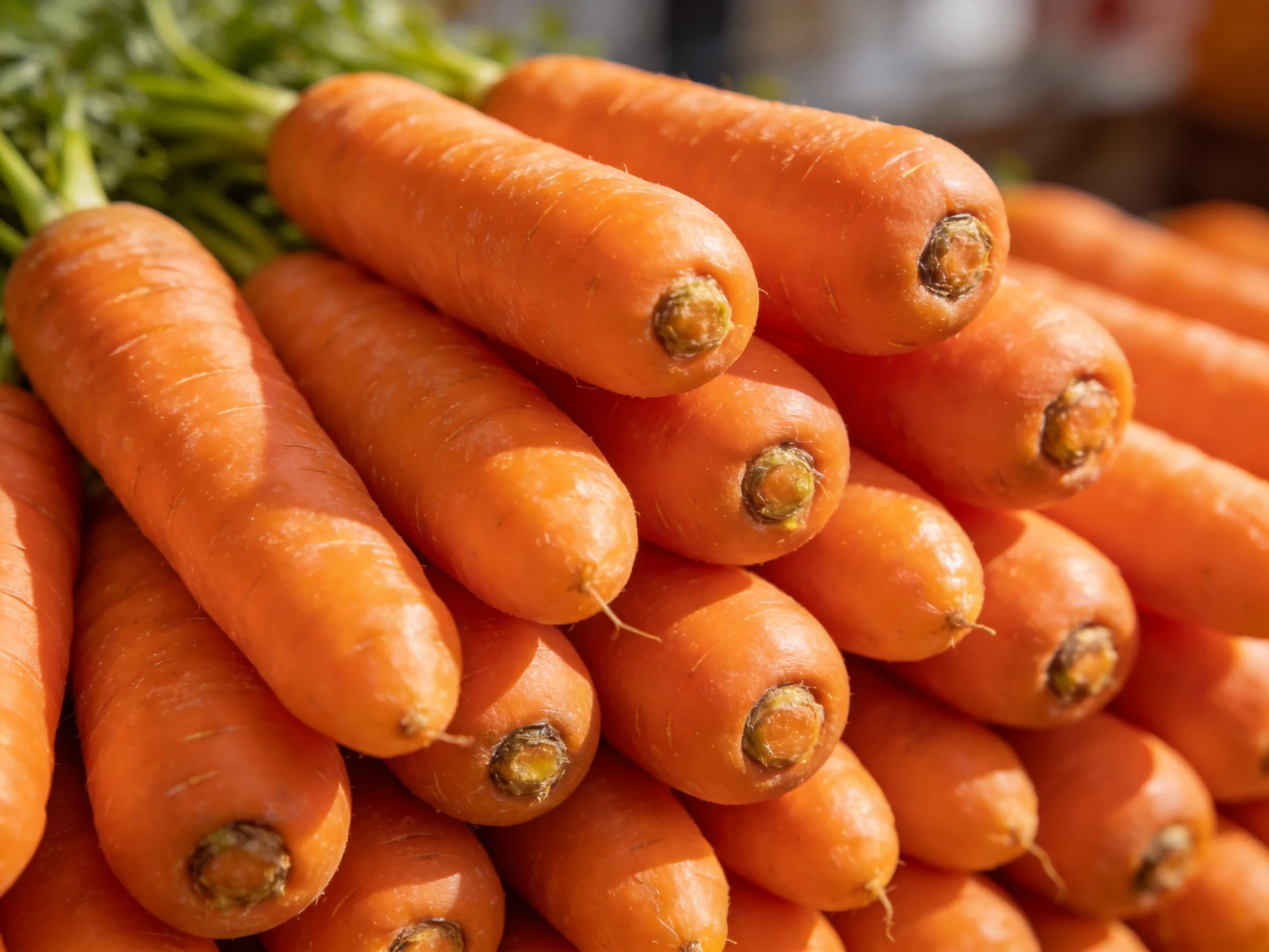 Freshly harvested vibrant orange carrots stacked with green tops