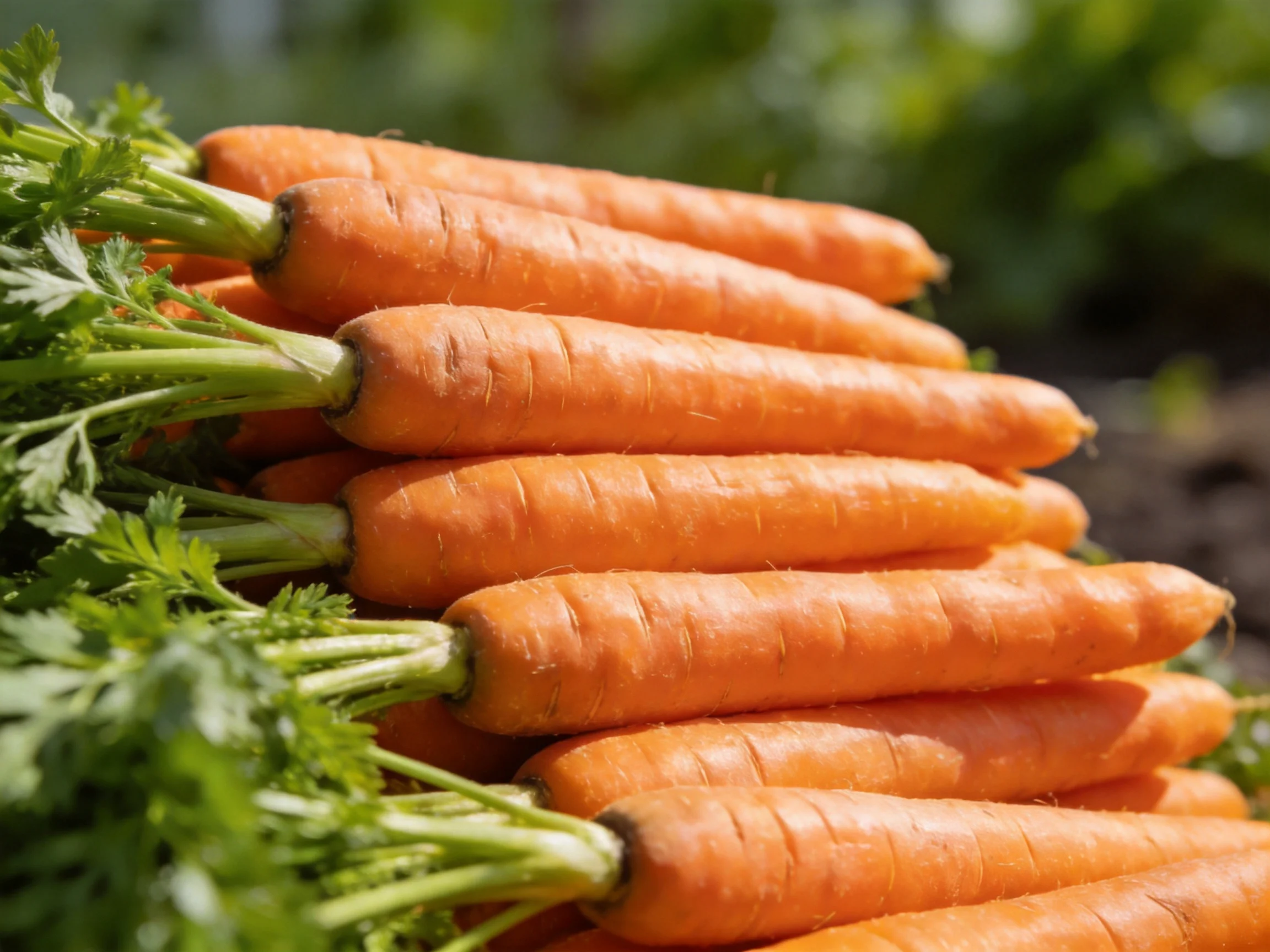 Freshly harvested vibrant orange carrots stacked with green tops