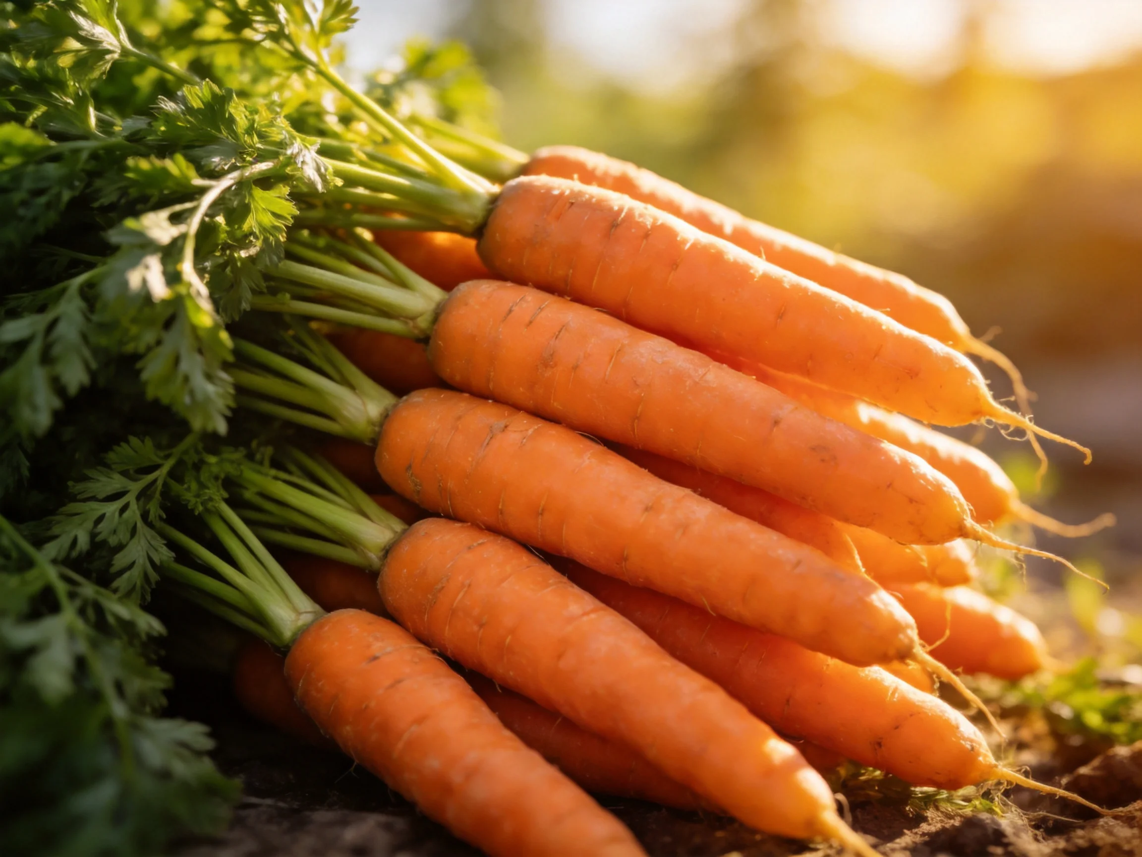Freshly harvested vibrant orange carrots with green leafy tops