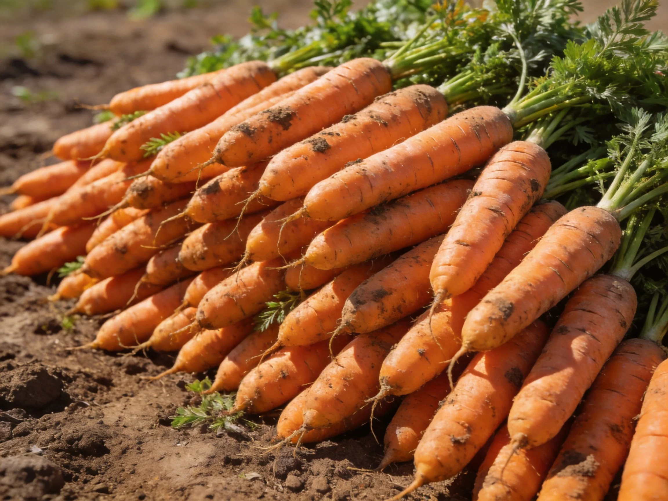 Freshly harvested vibrant orange carrots with green tops on dark soil