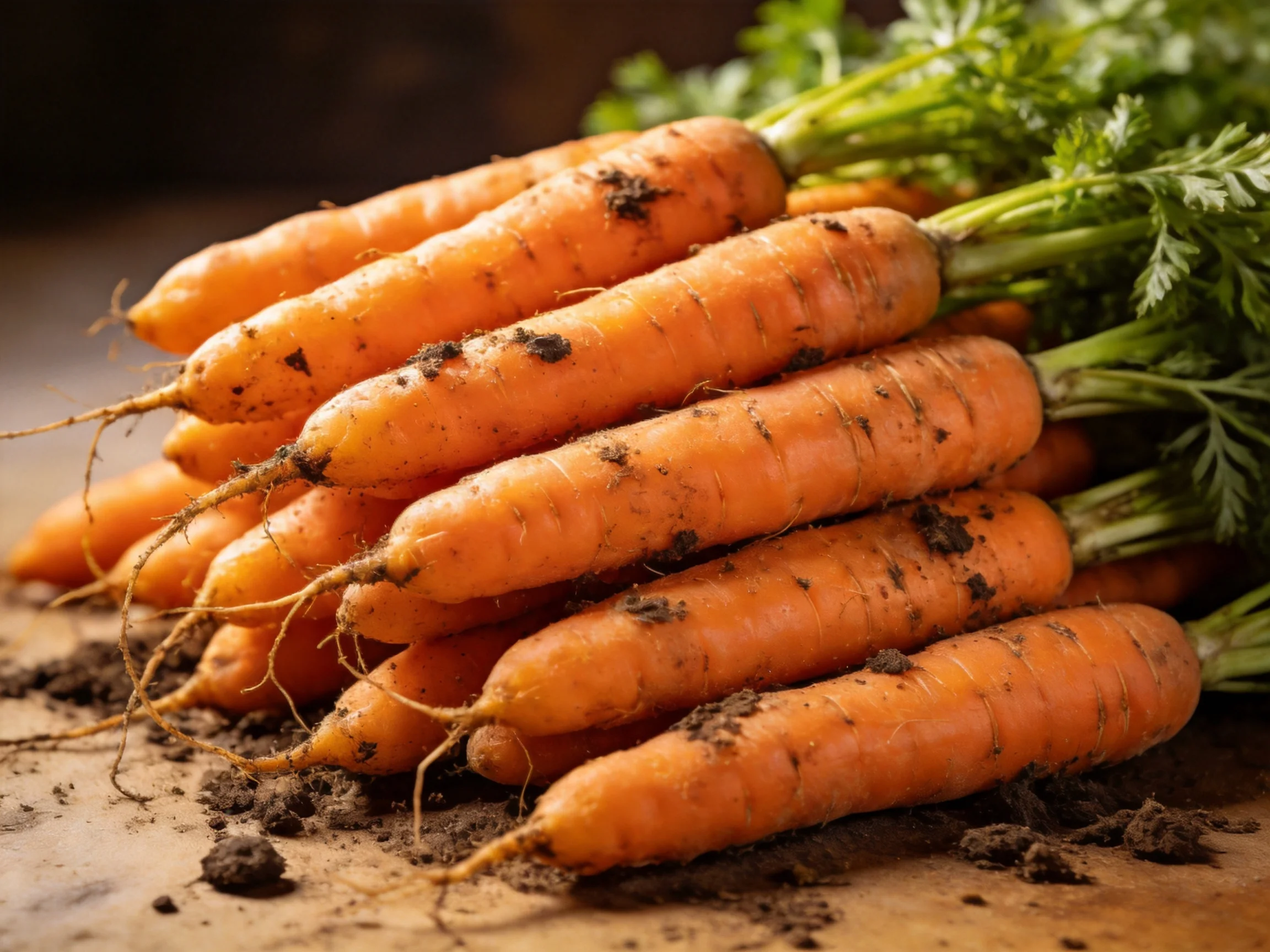 Freshly harvested vibrant orange carrots with soil and green foliage