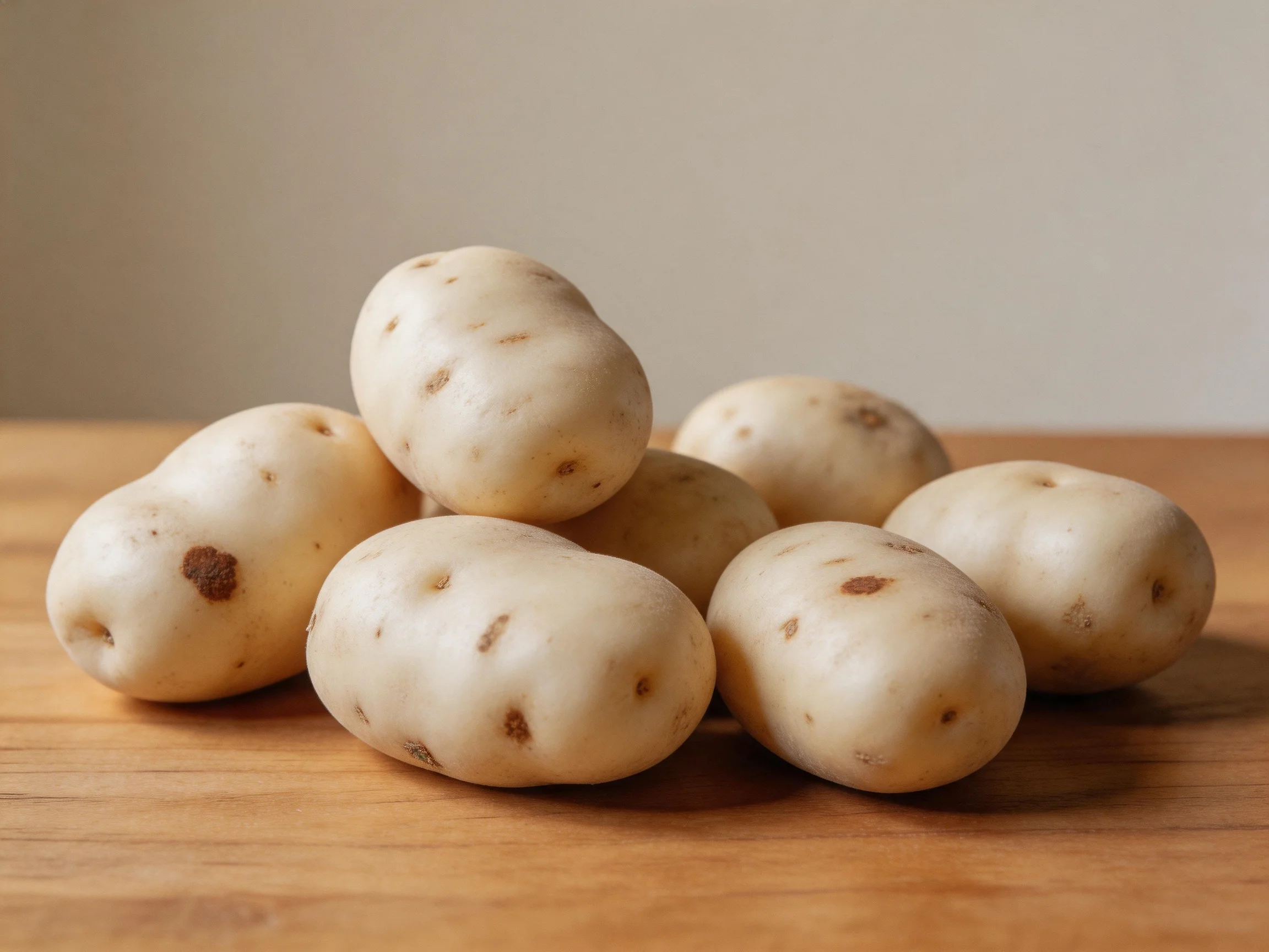 Freshly harvested white potatoes grouped on a wooden surface