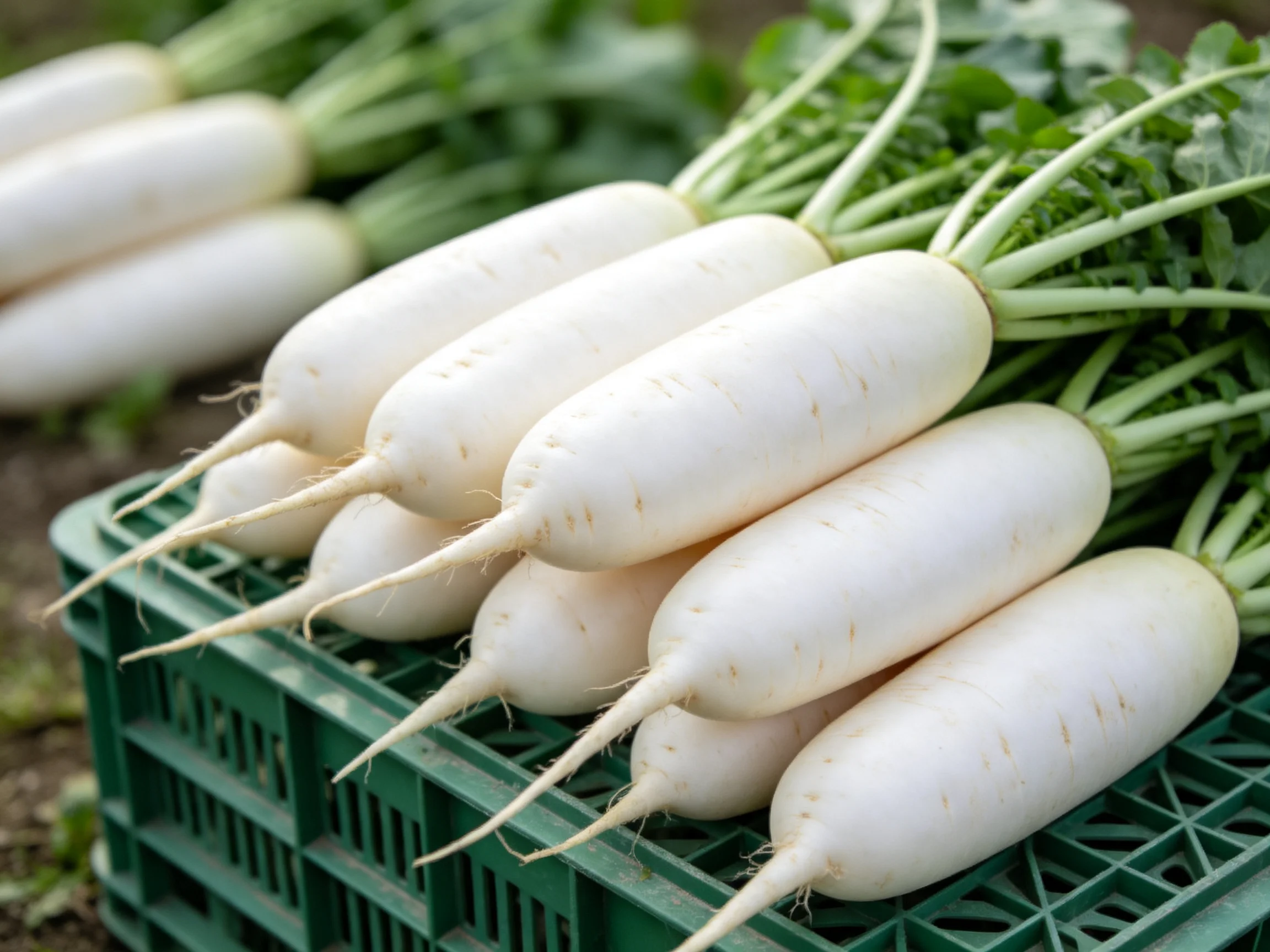 Fresh white radishes with green tops are stored in a green plastic crate outdoors.