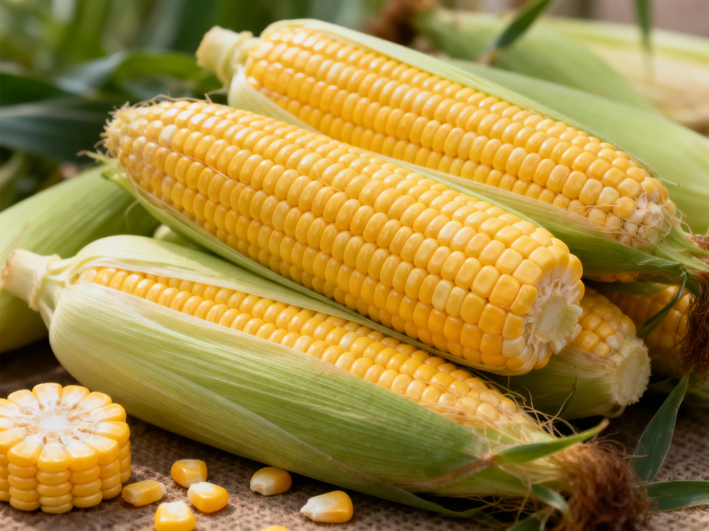 Freshly harvested yellow corn cobs with green husks displayed