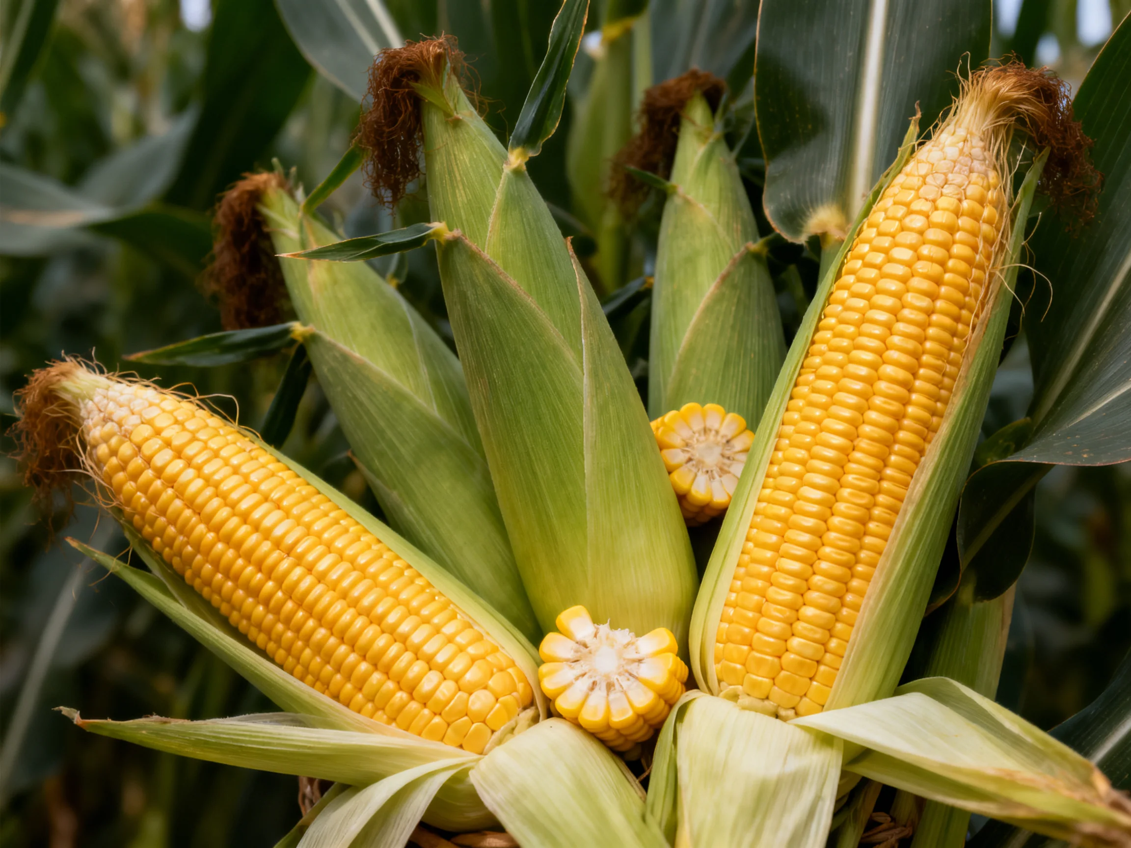 Freshly harvested yellow corn cobs with green husks