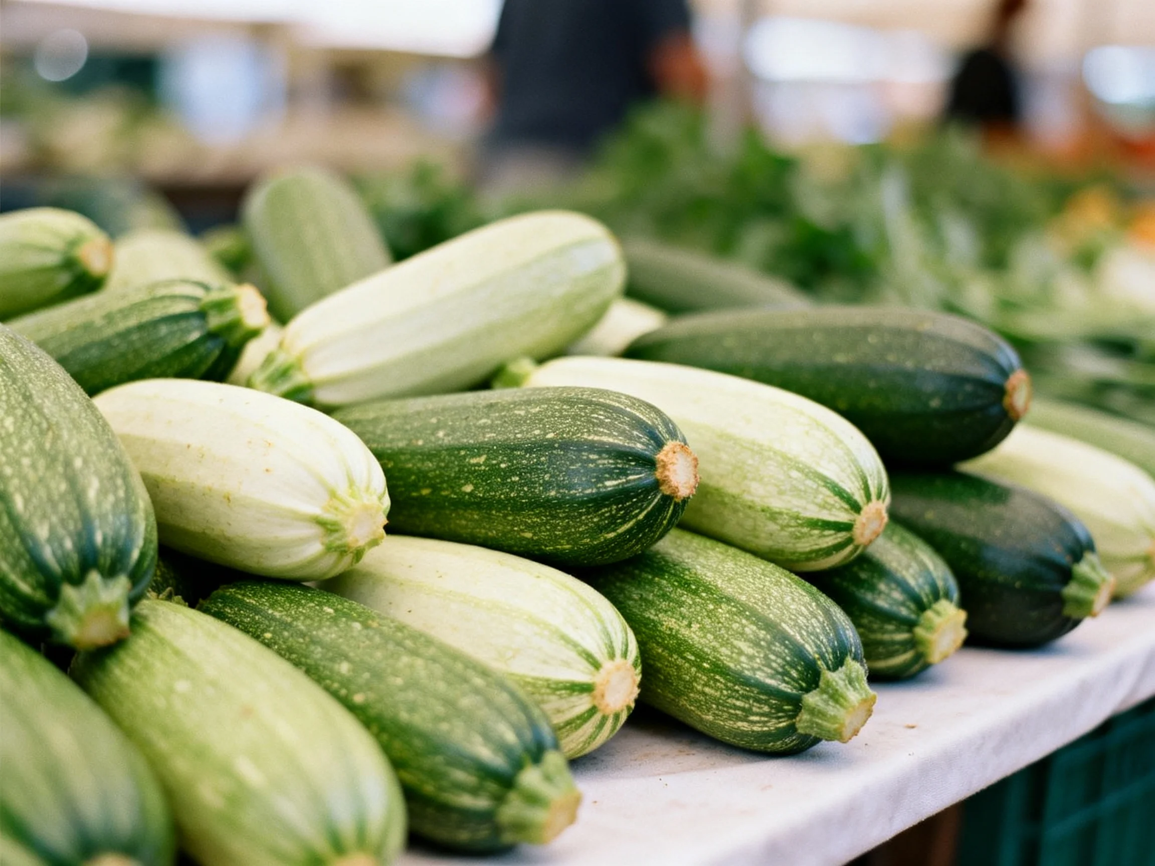 Freshly harvested zucchinis in varying shades of green and white