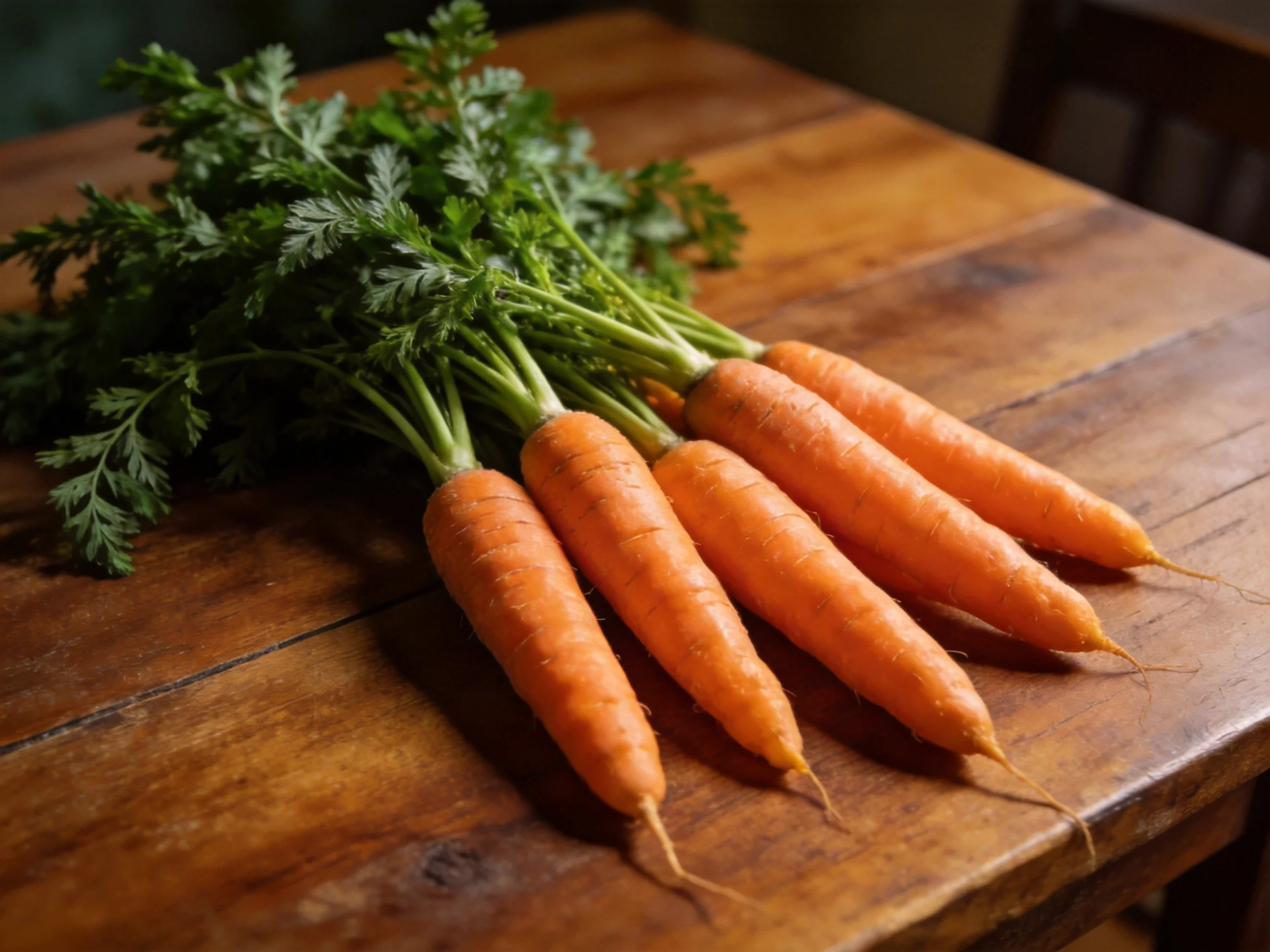 Freshly picked carrots with green tops arranged on a wooden table