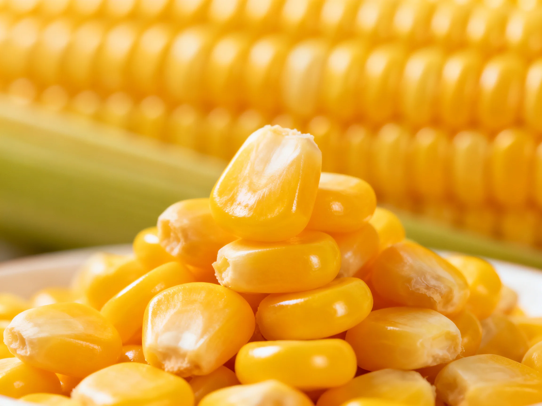 Freshly shucked yellow corn kernels stacked beside whole corn ears