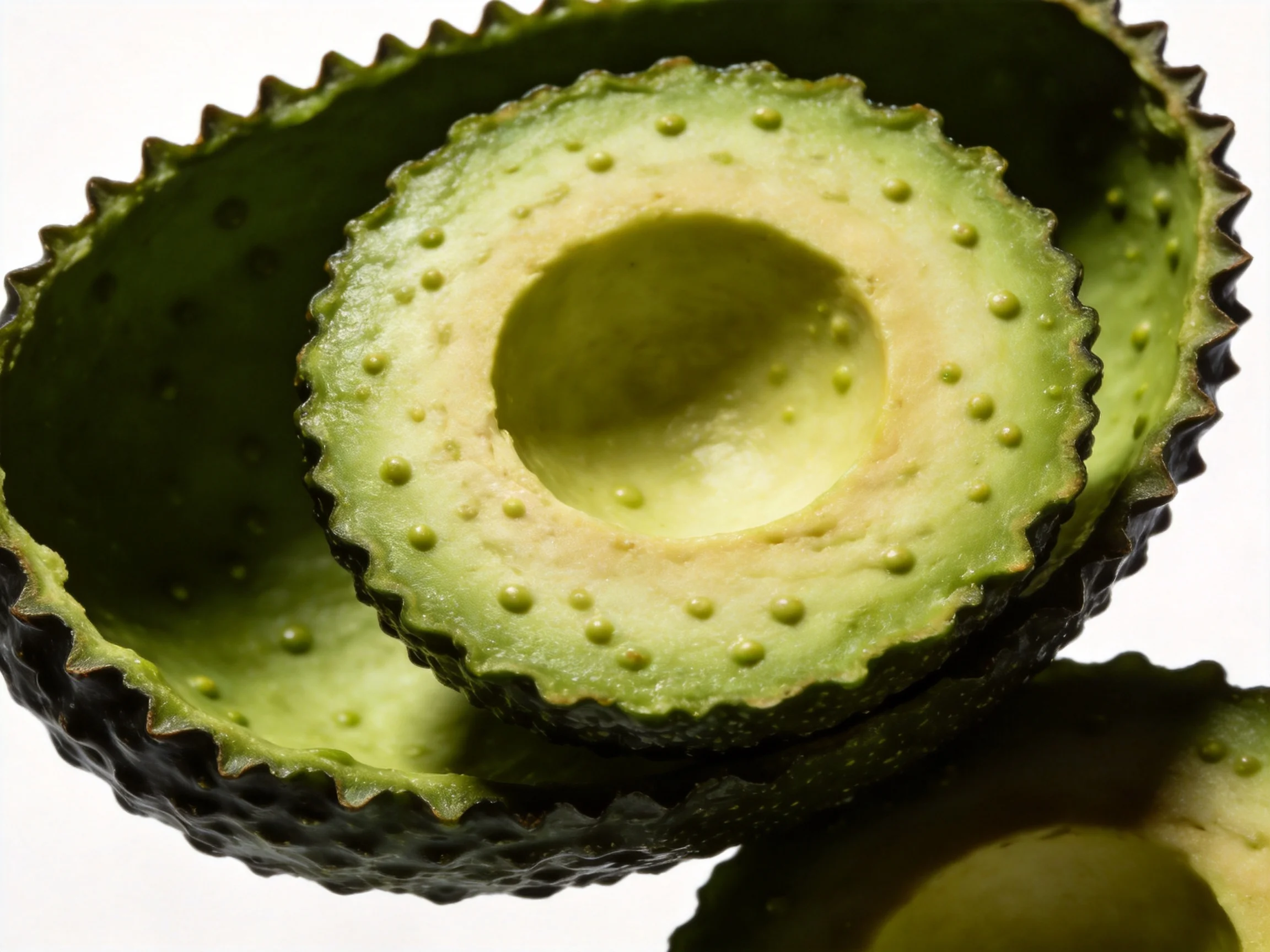 Freshly sliced avocados reveal textured green flesh and rugged exteriors.