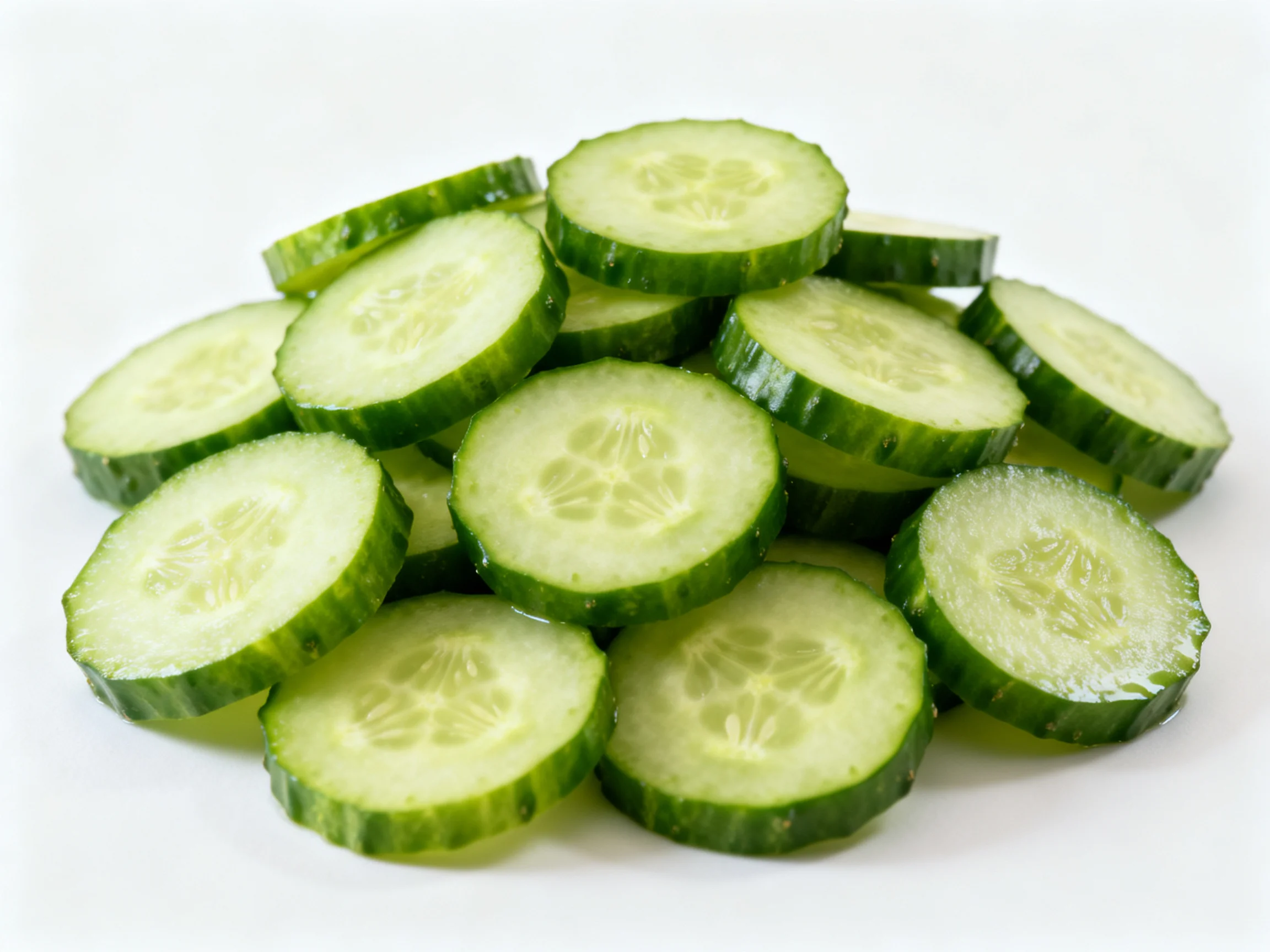 Freshly sliced cucumber rounds arranged in a pile