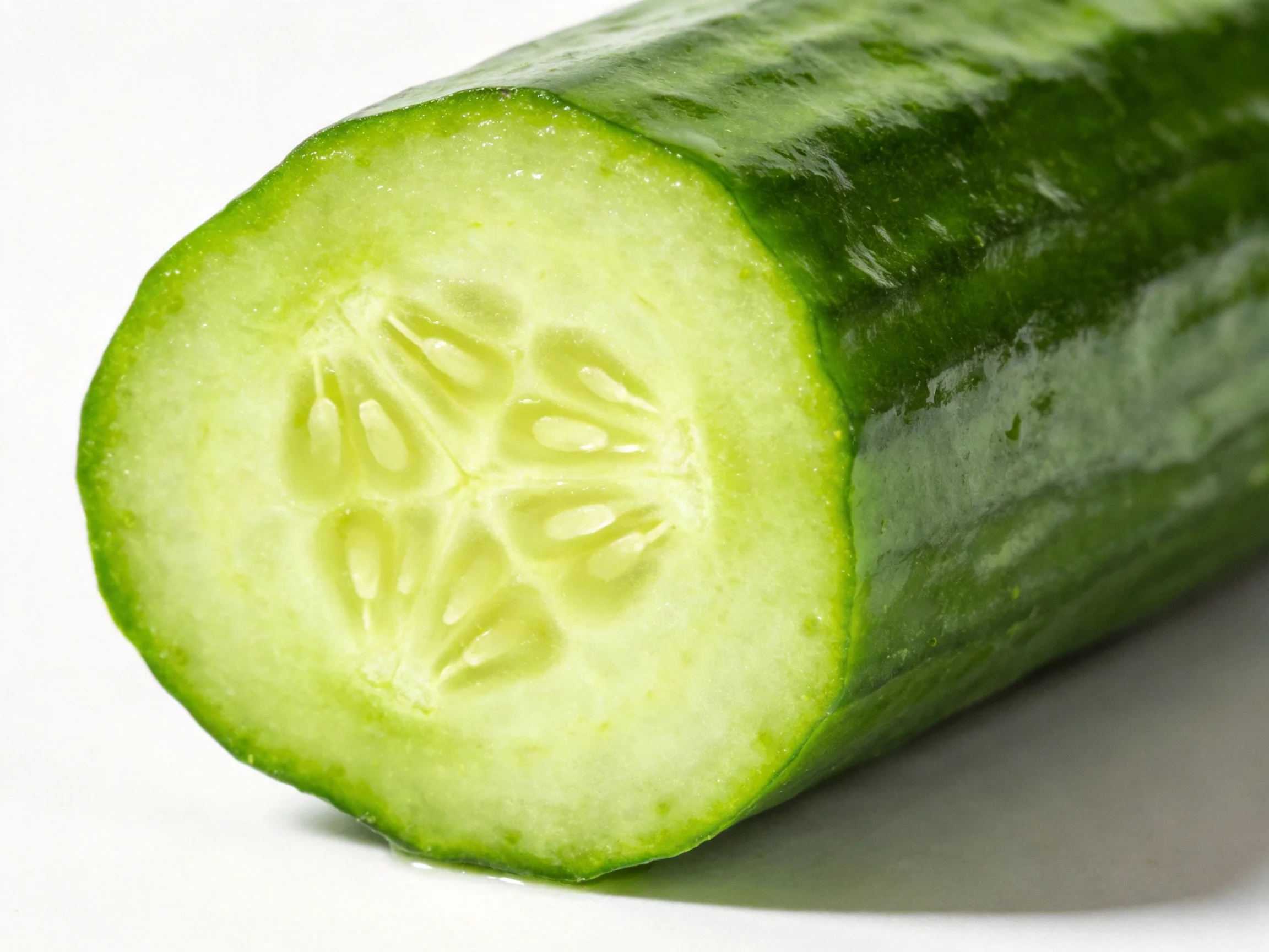 Freshly sliced cucumber with vibrant green flesh and seeds