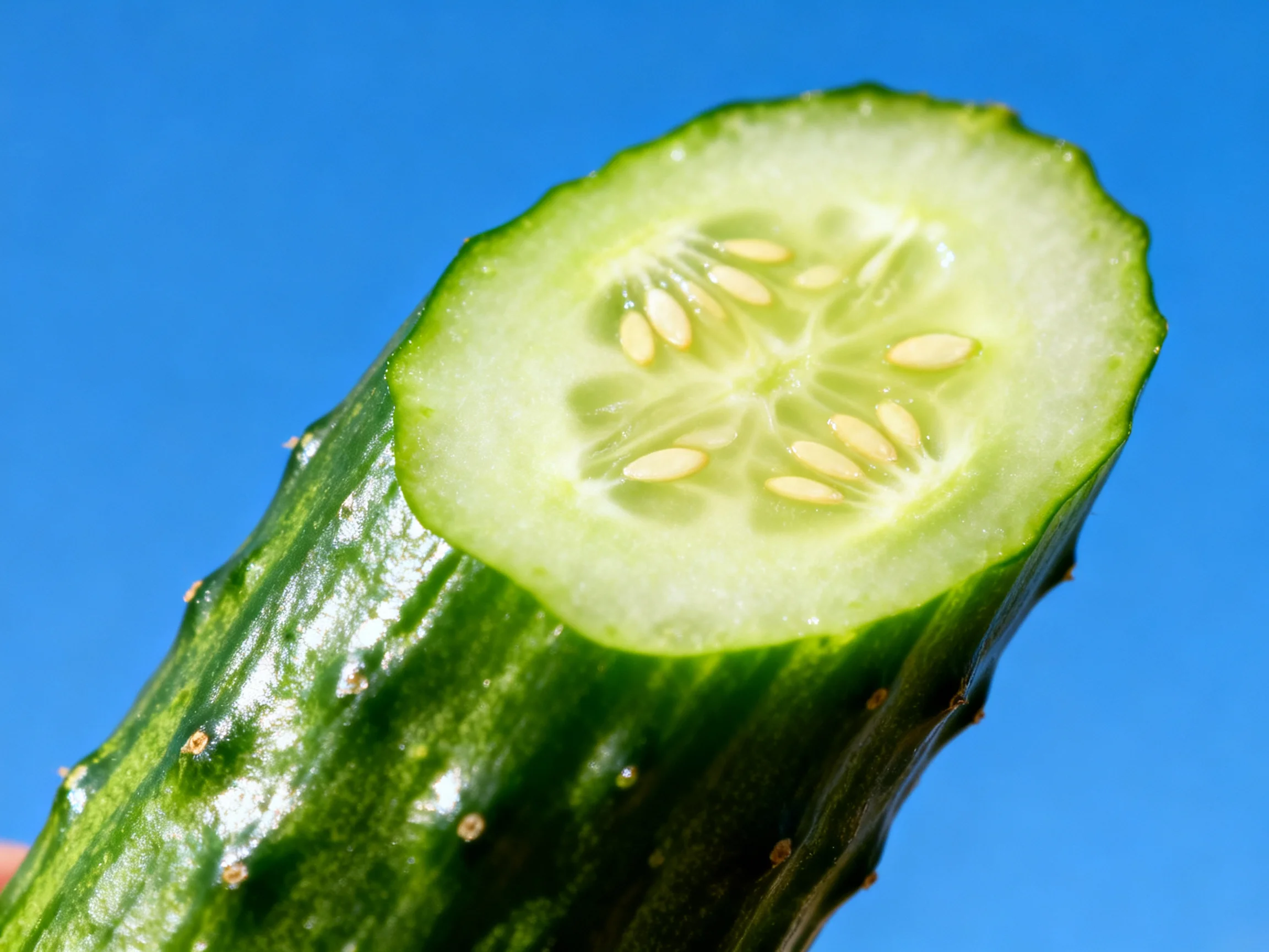 Freshly sliced cucumber with visible seeds against bright blue background