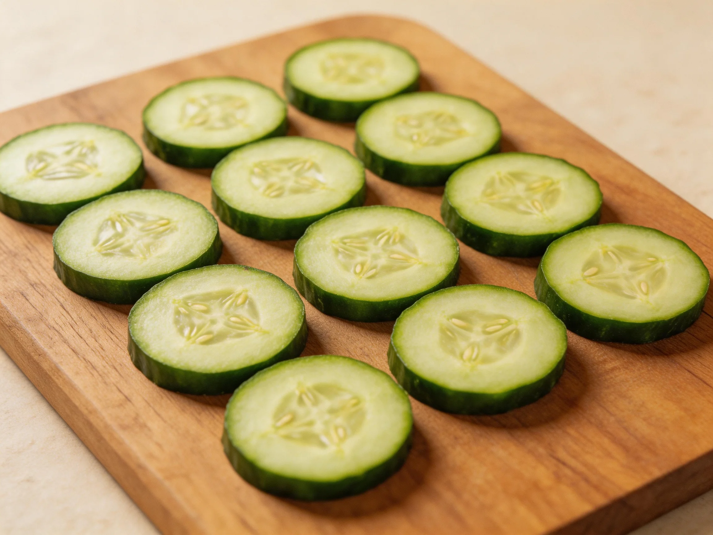 Freshly sliced cucumbers arranged neatly on a wooden cutting board