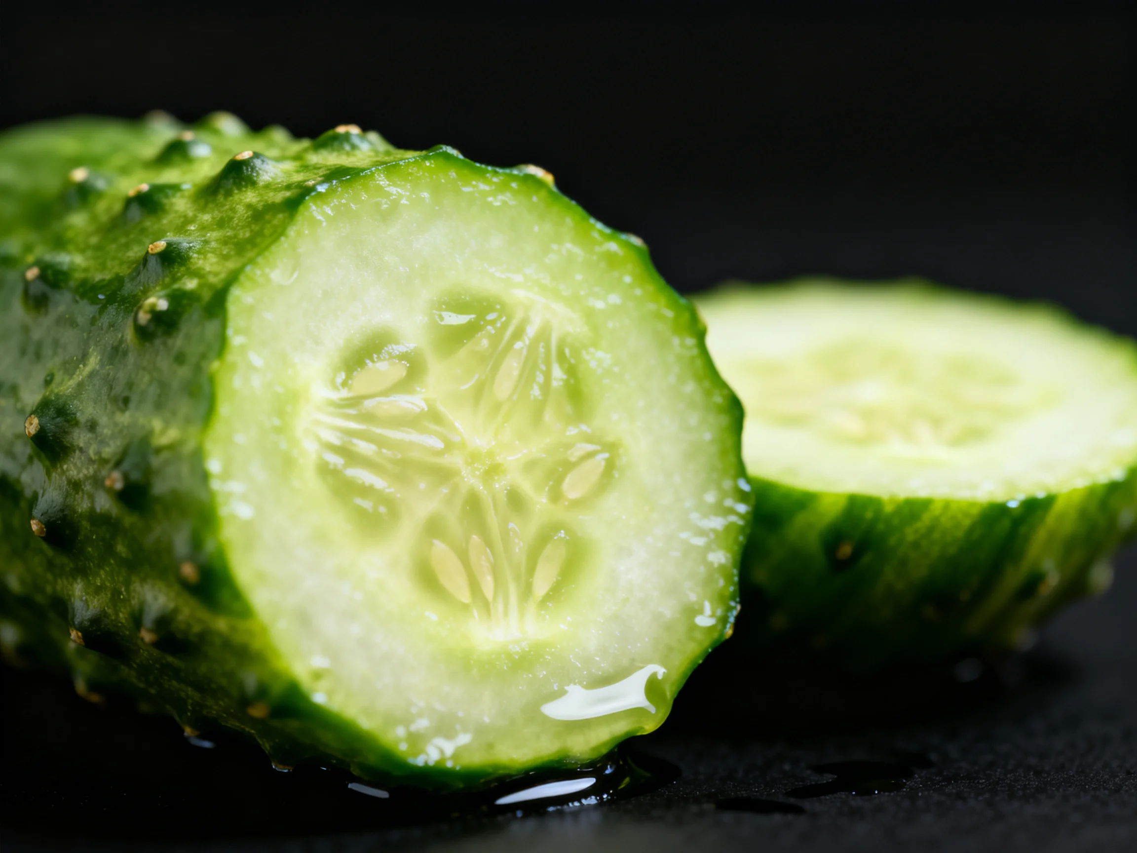 Vibrant cucumber slices showcase crisp interiors against a dark backdrop.