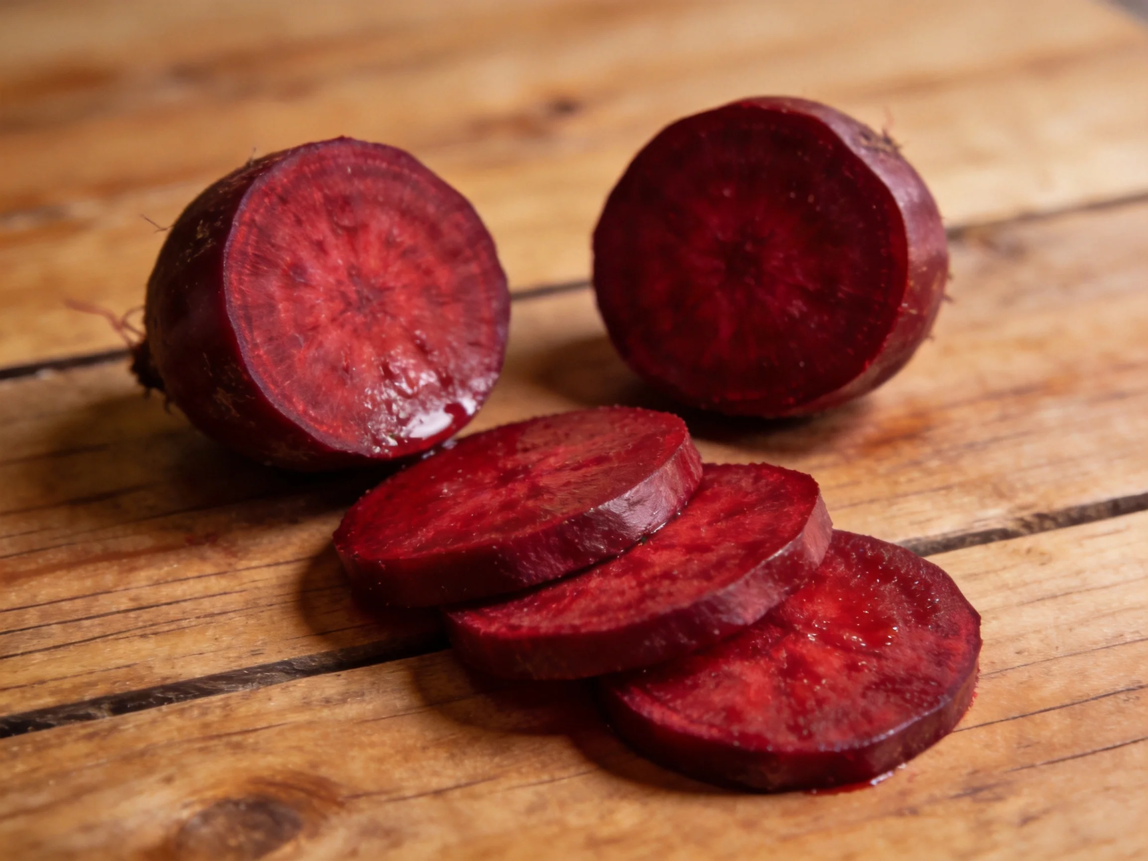 Freshly sliced deep red beets, including halved and round slices, on a wooden surface