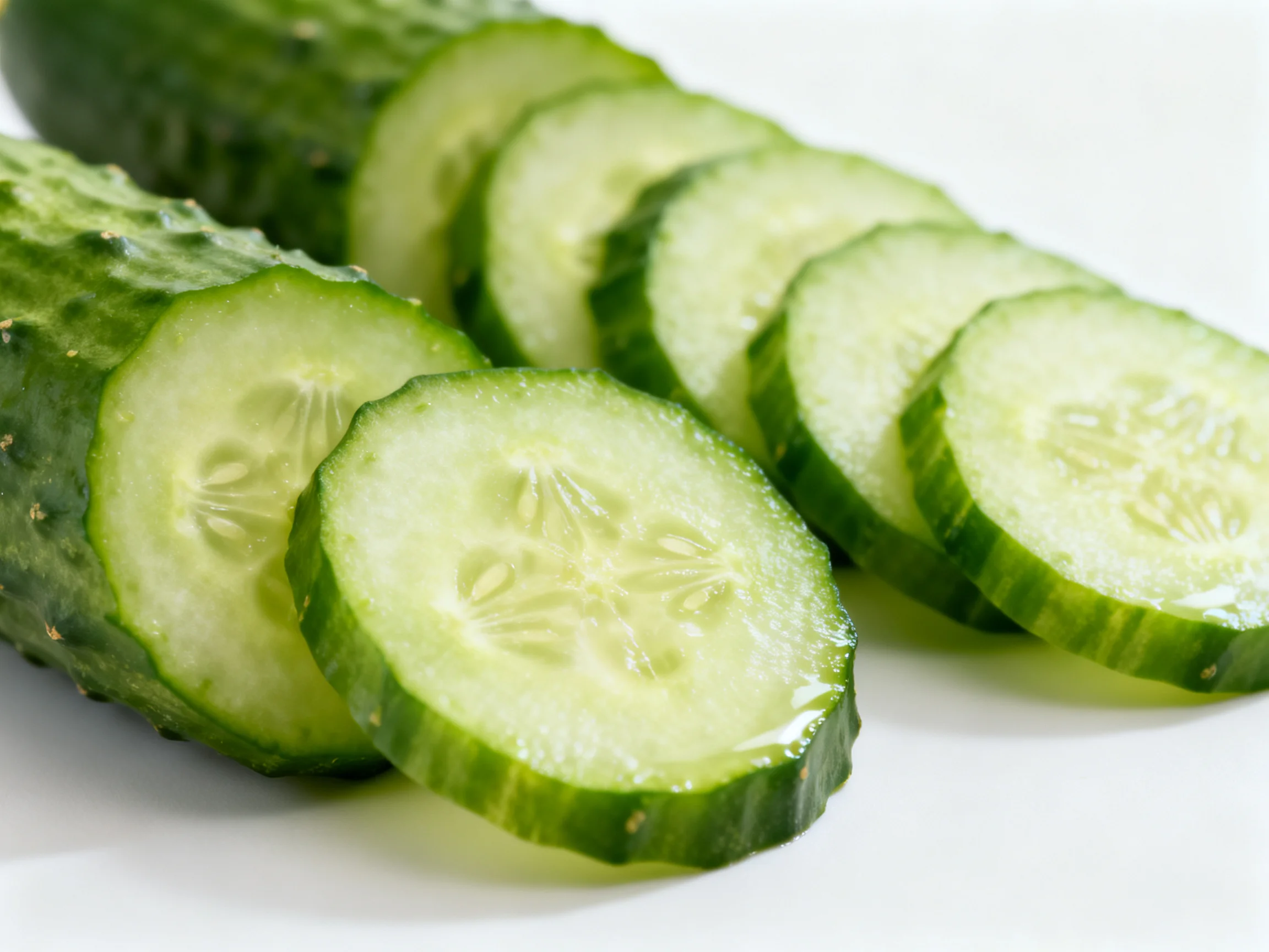 Freshly sliced green cucumbers arranged on a white surface