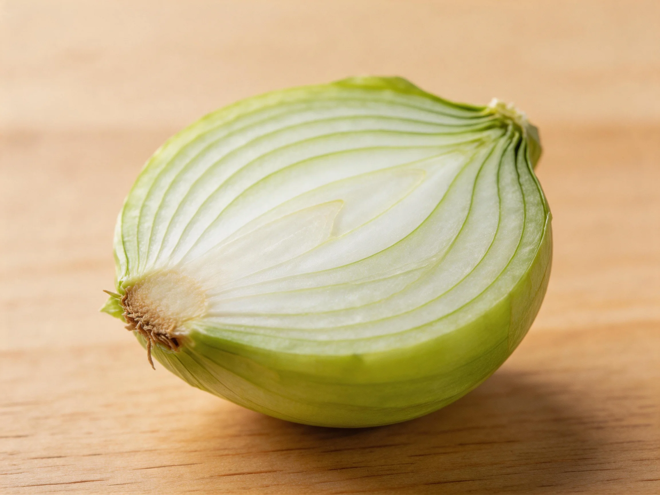 Freshly sliced green onion half placed on a wooden surface