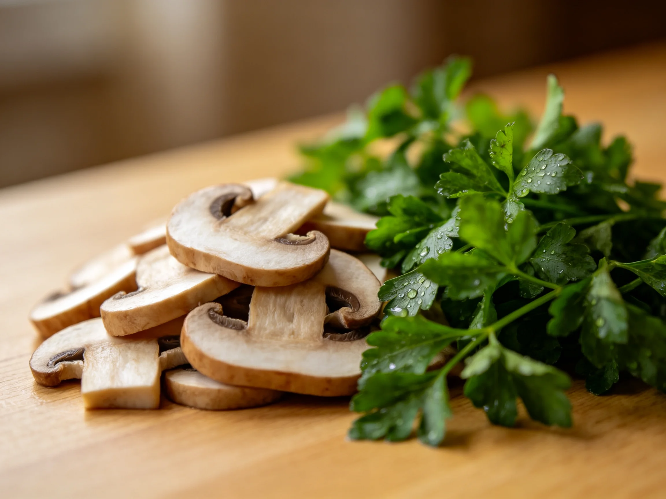 Freshly sliced mushrooms and vibrant parsley on a wooden surface